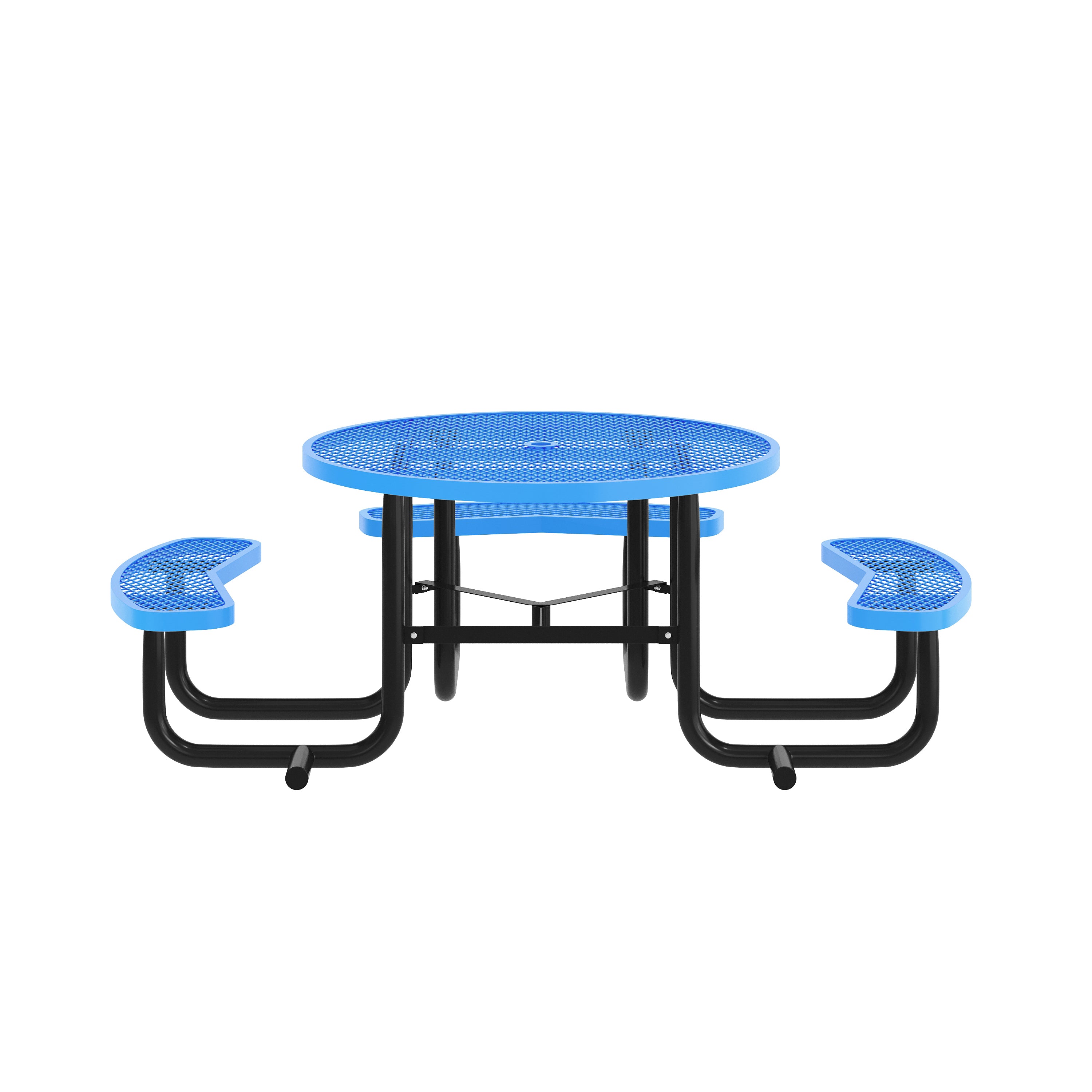 Creekside 46" Round Wheelchair Accessible Commercial Outdoor Picnic Table with Heavy Gauge Expanded Metal Mesh Seats and Top with Umbrella Hole, Blue