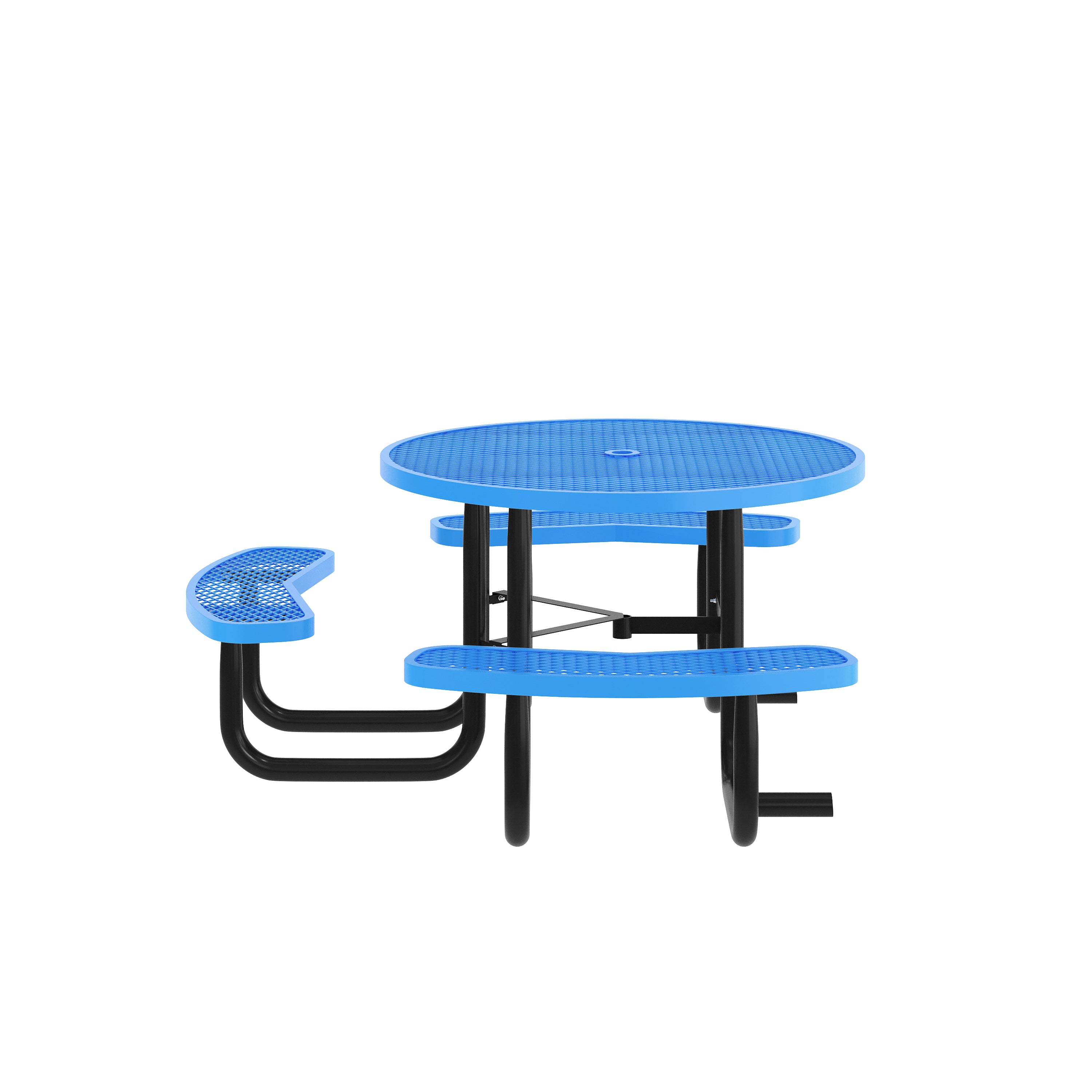 Creekside 46" Round Wheelchair Accessible Commercial Outdoor Picnic Table with Heavy Gauge Expanded Metal Mesh Seats and Top with Umbrella Hole, Blue