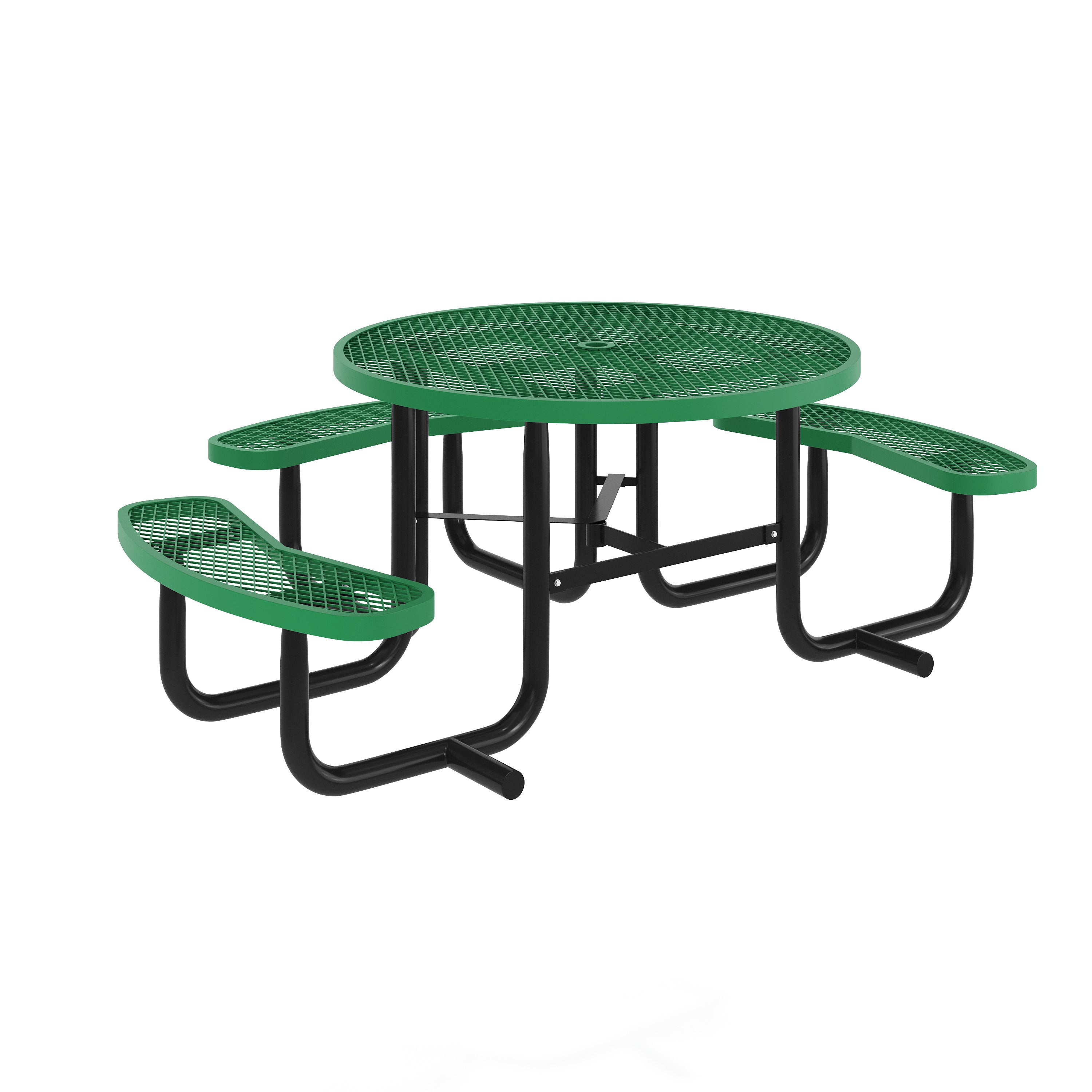 Creekside 46" Round Wheelchair Accessible Commercial Outdoor Picnic Table with Heavy Gauge Expanded Metal Mesh Seats and Top with Umbrella Hole, Green