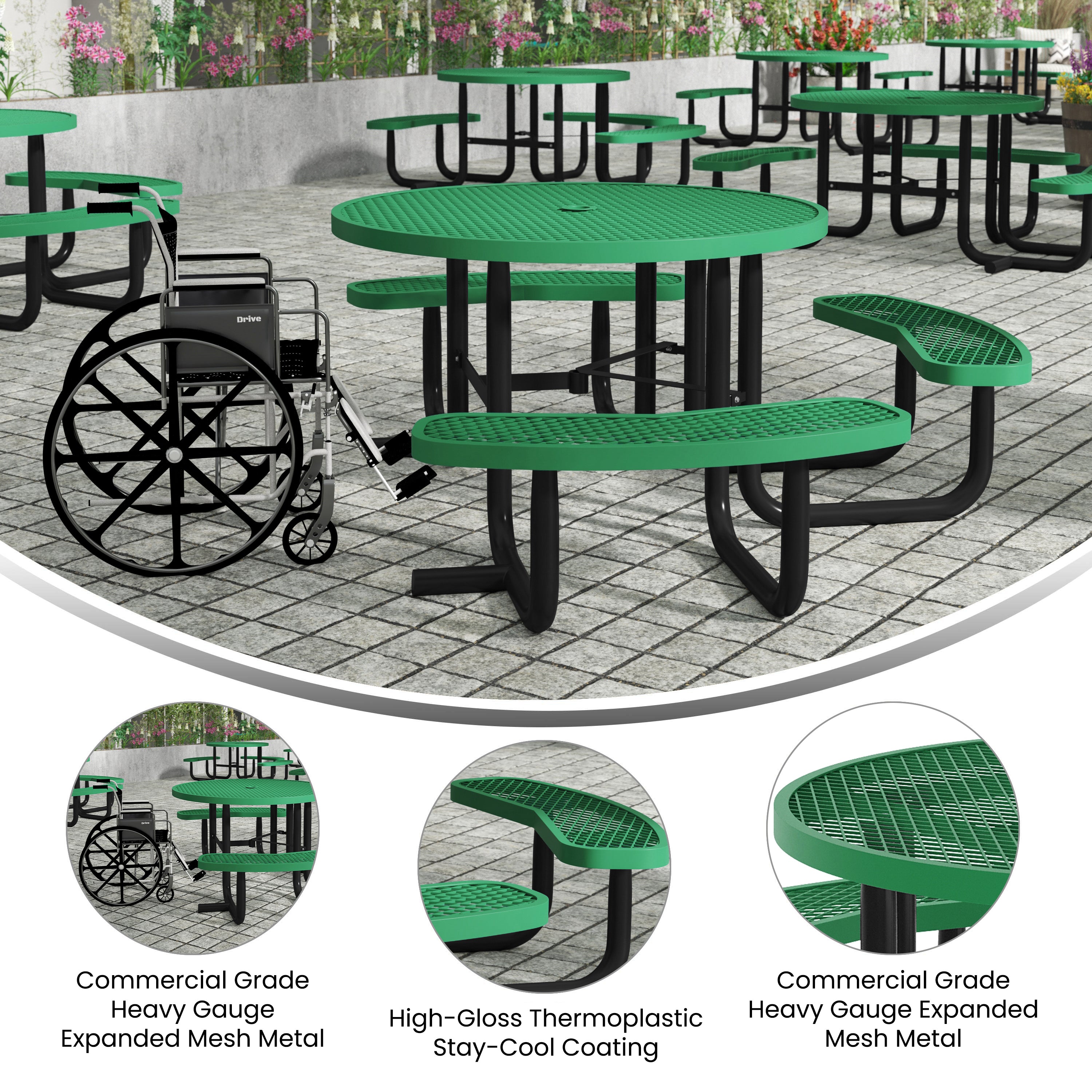 Creekside 46" Round Wheelchair Accessible Commercial Outdoor Picnic Table with Heavy Gauge Expanded Metal Mesh Seats and Top with Umbrella Hole, Green