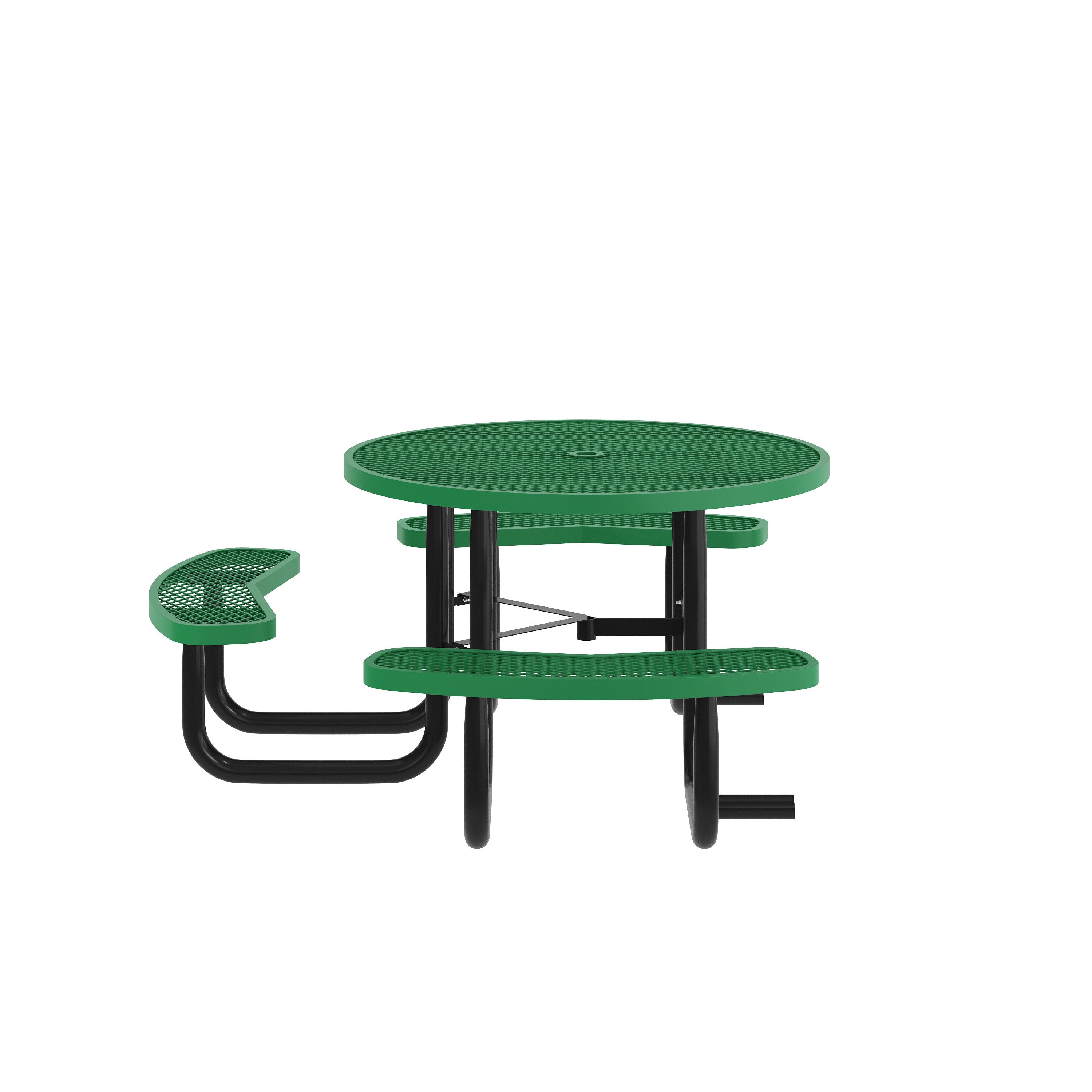 Creekside 46" Round Wheelchair Accessible Commercial Outdoor Picnic Table with Heavy Gauge Expanded Metal Mesh Seats and Top with Umbrella Hole, Green