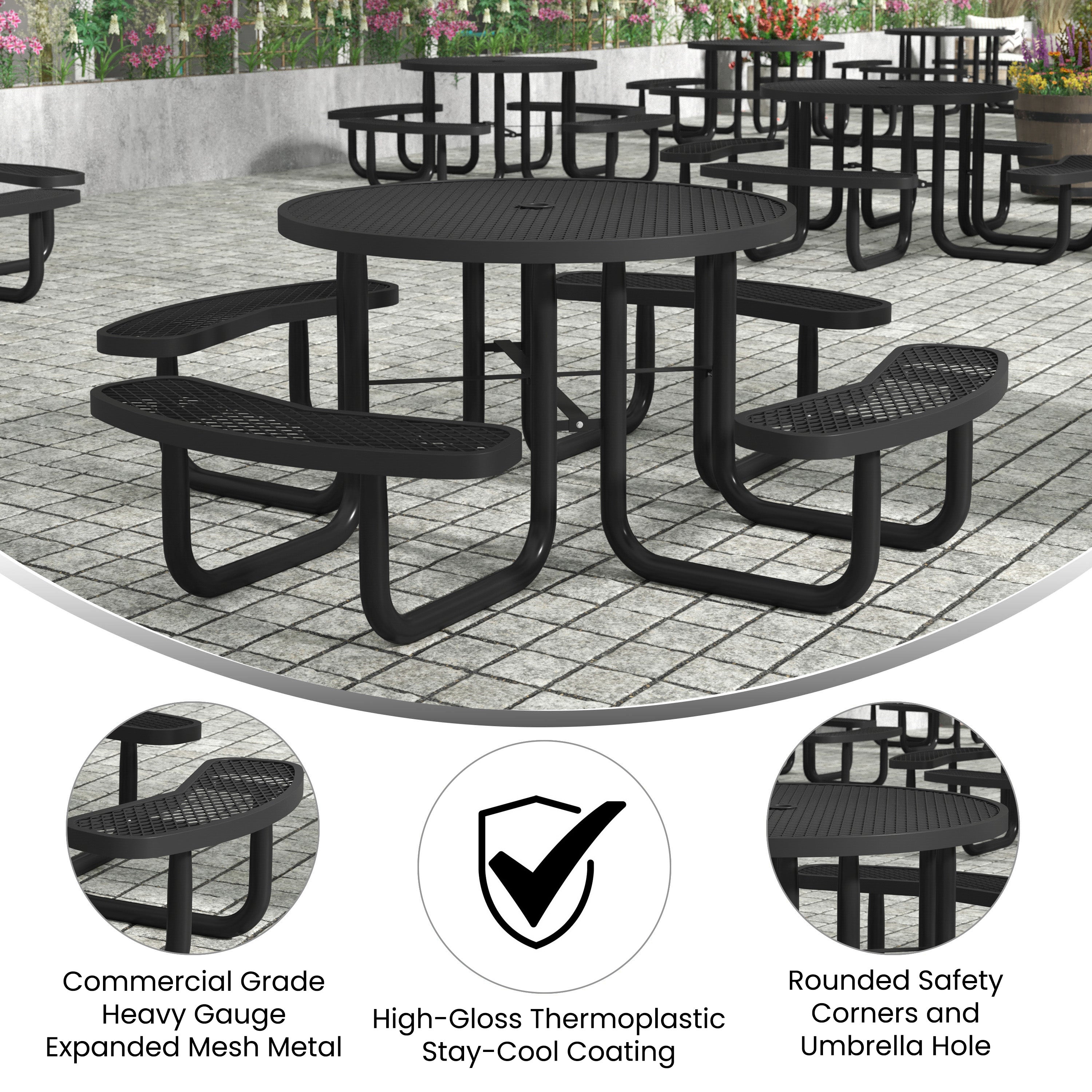 Creekside 46" Round Outdoor Picnic Table with Commercial Heavy Gauge Expanded Metal Mesh Seats and Top with Umbrella Hole, Steel Frame with Anchors