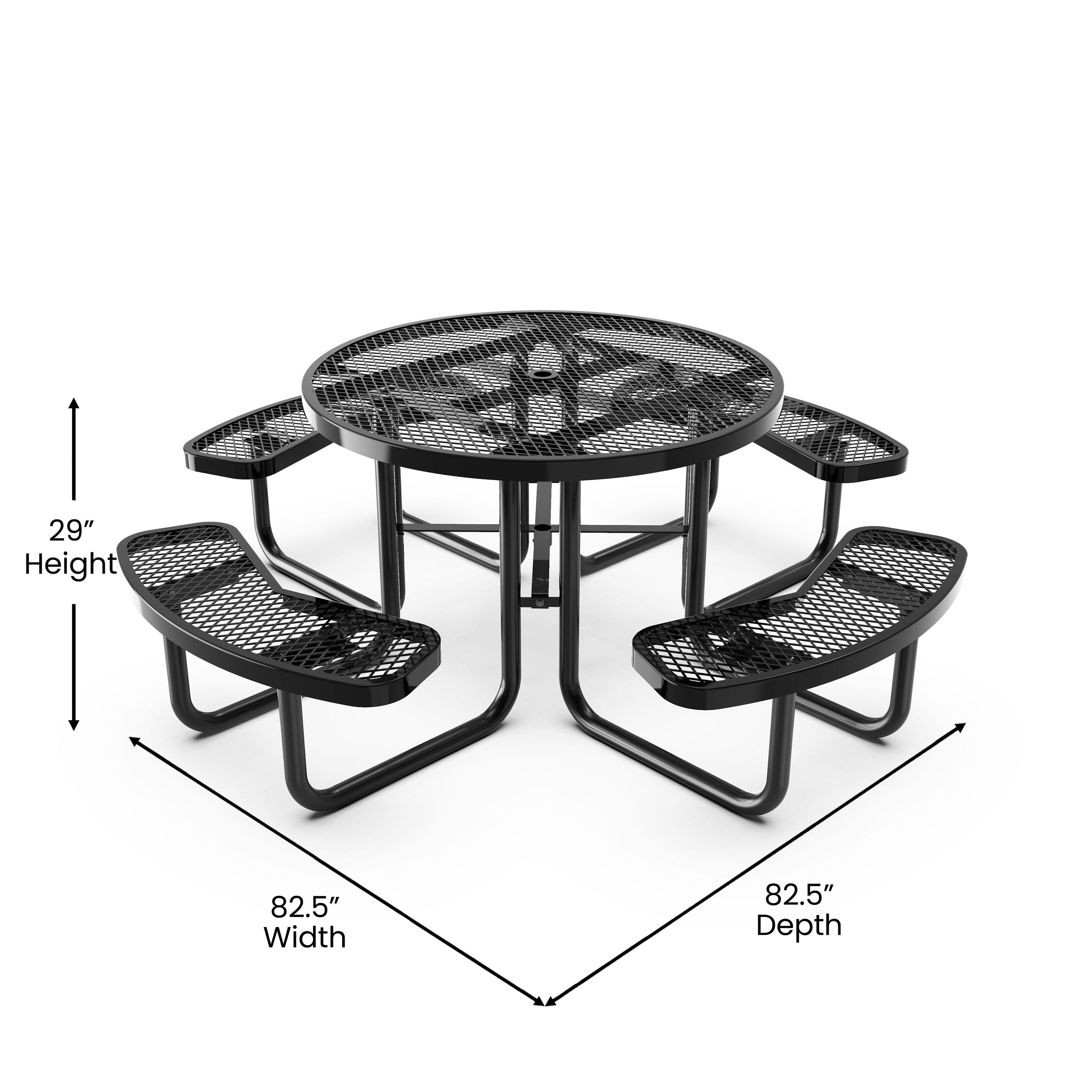 Creekside 46" Round Outdoor Picnic Table with Commercial Heavy Gauge Expanded Metal Mesh Seats and Top with Umbrella Hole, Steel Frame with Anchors