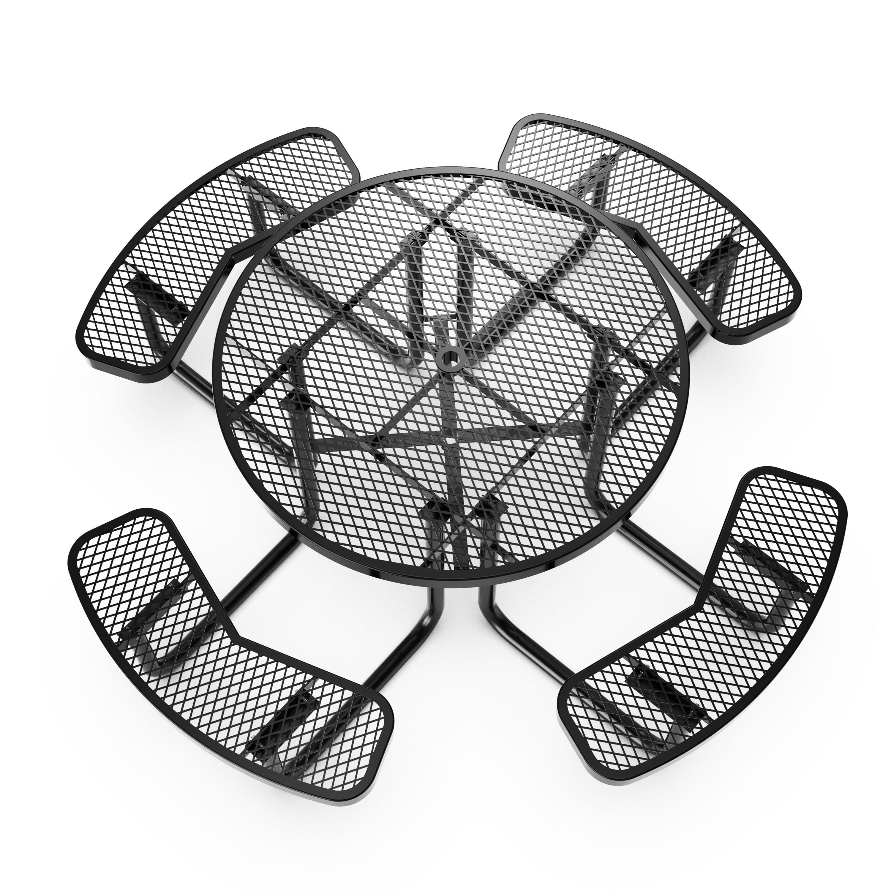 Creekside 46" Round Outdoor Picnic Table with Commercial Heavy Gauge Expanded Metal Mesh Seats and Top with Umbrella Hole, Steel Frame with Anchors