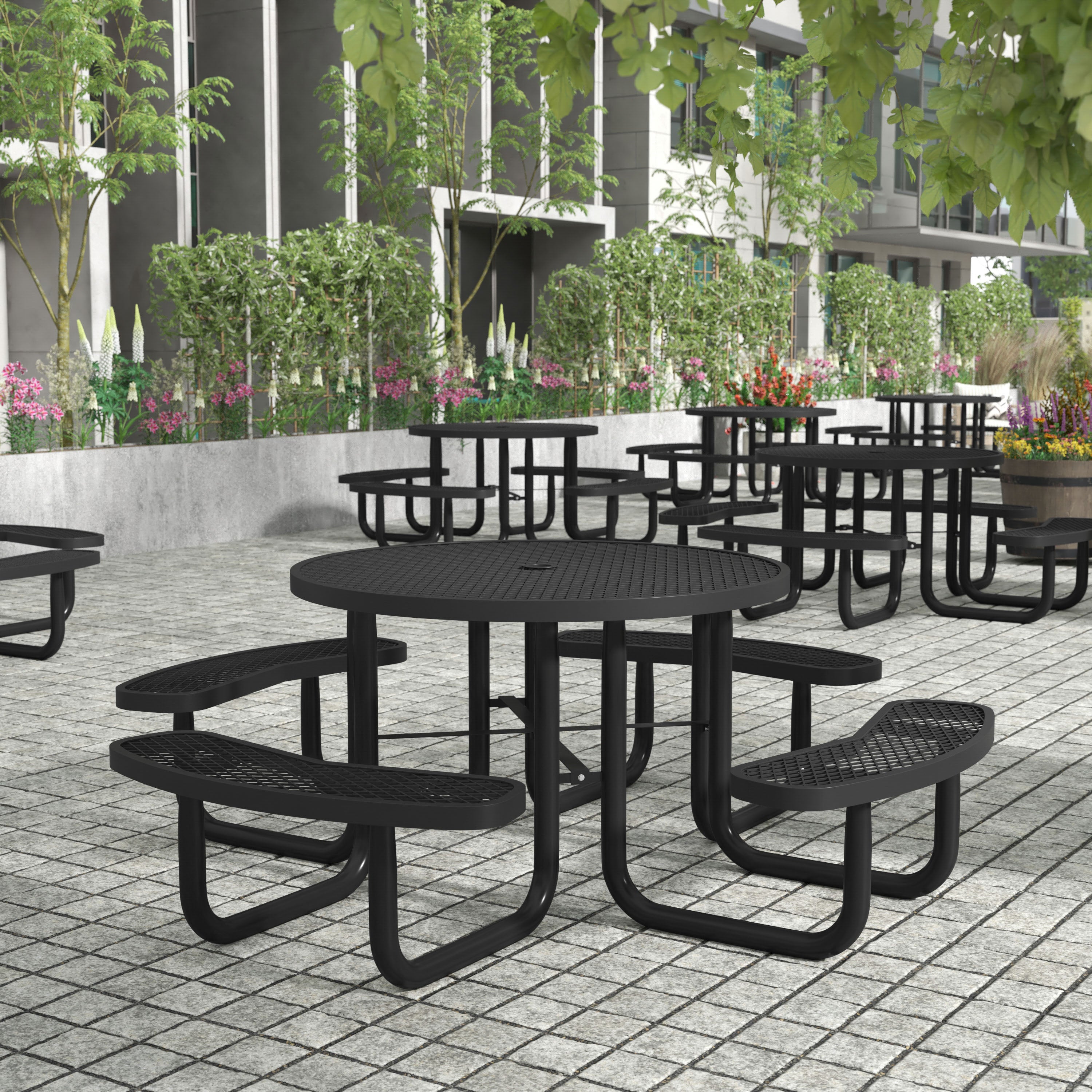 Creekside 46" Round Outdoor Picnic Table with Commercial Heavy Gauge Expanded Metal Mesh Seats and Top with Umbrella Hole, Steel Frame with Anchors