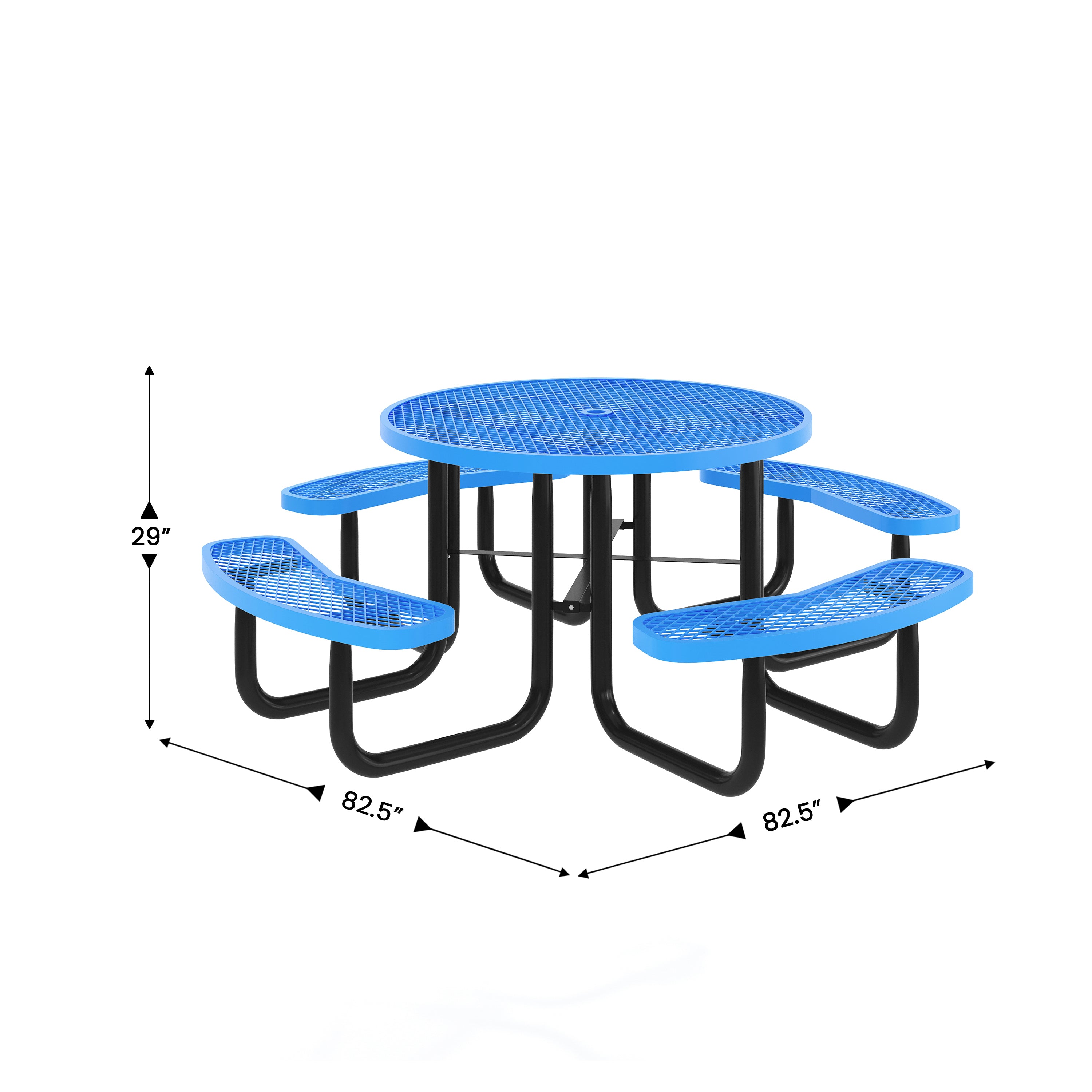 Creekside 46" Round Outdoor Picnic Table with Commercial Heavy Gauge Expanded Metal Mesh Seats and Top with Umbrella Hole and Ground Anchors, Blue