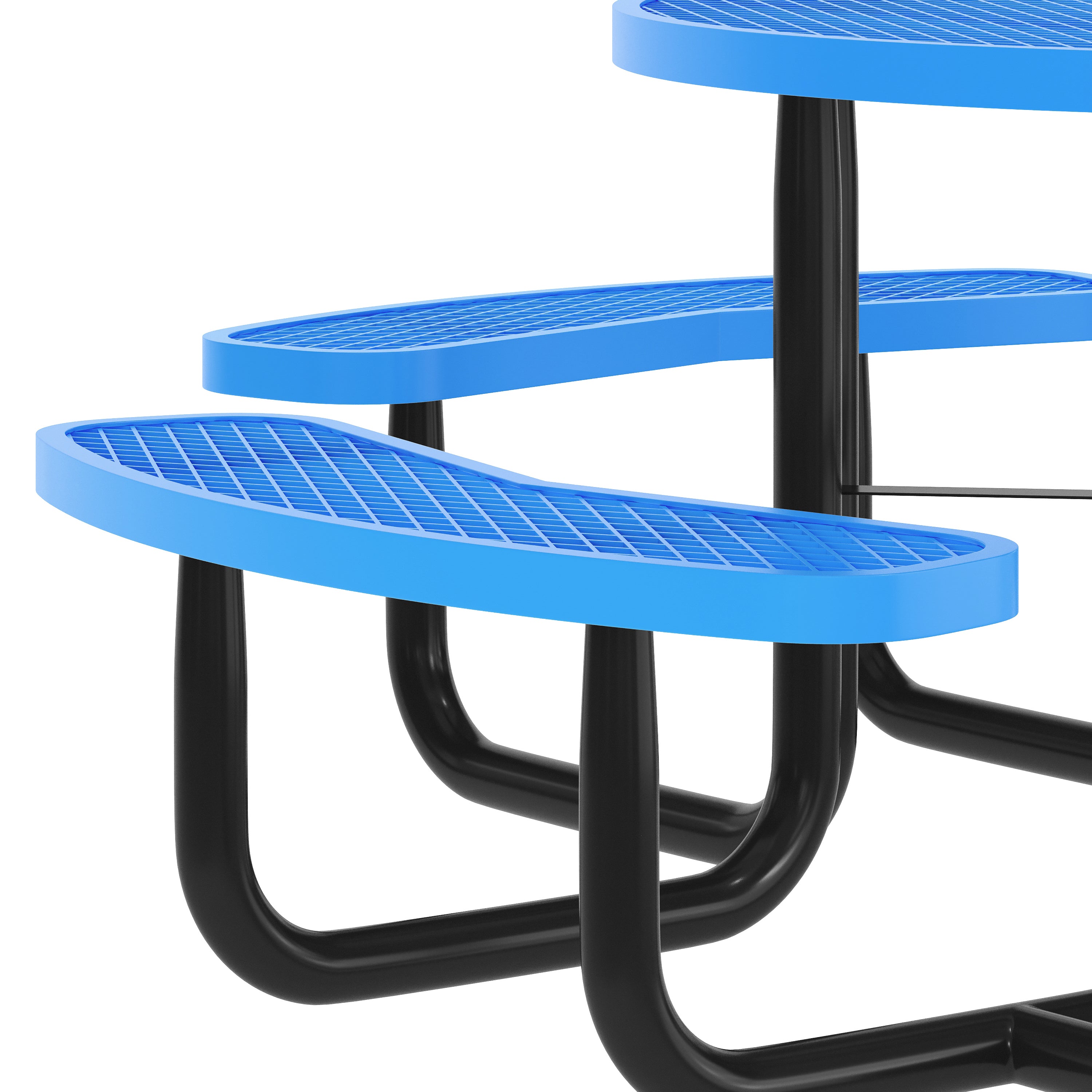 Creekside 46" Round Outdoor Picnic Table with Commercial Heavy Gauge Expanded Metal Mesh Seats and Top with Umbrella Hole and Ground Anchors, Blue