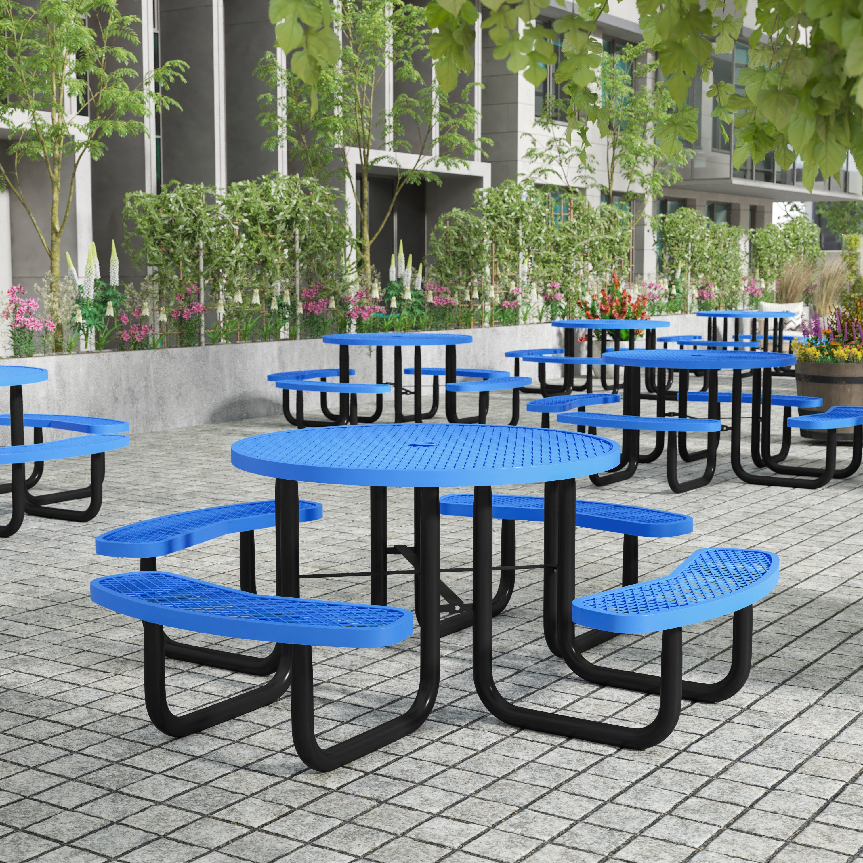 Creekside 46" Round Outdoor Picnic Table with Commercial Heavy Gauge Expanded Metal Mesh Seats and Top with Umbrella Hole and Ground Anchors, Blue