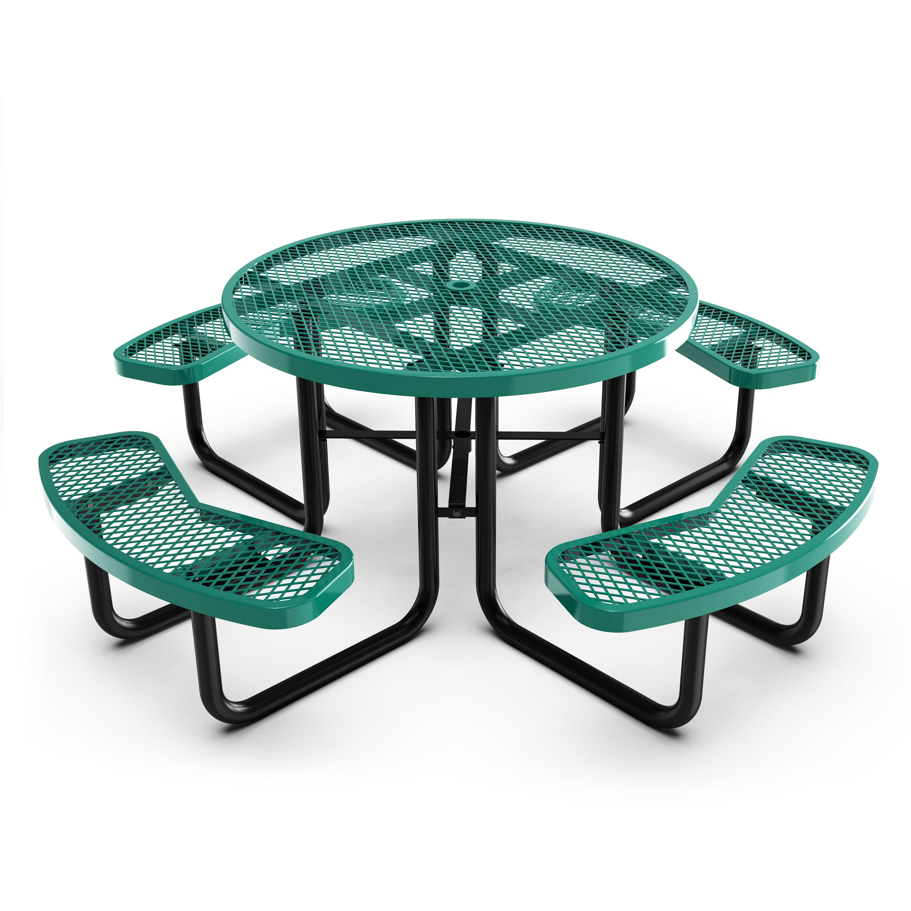 Creekside 46" Round Outdoor Picnic Table with Commercial Grade Heavy Gauge Green Expanded Metal Mesh Top and Seats and Black Steel Frame with Anchors