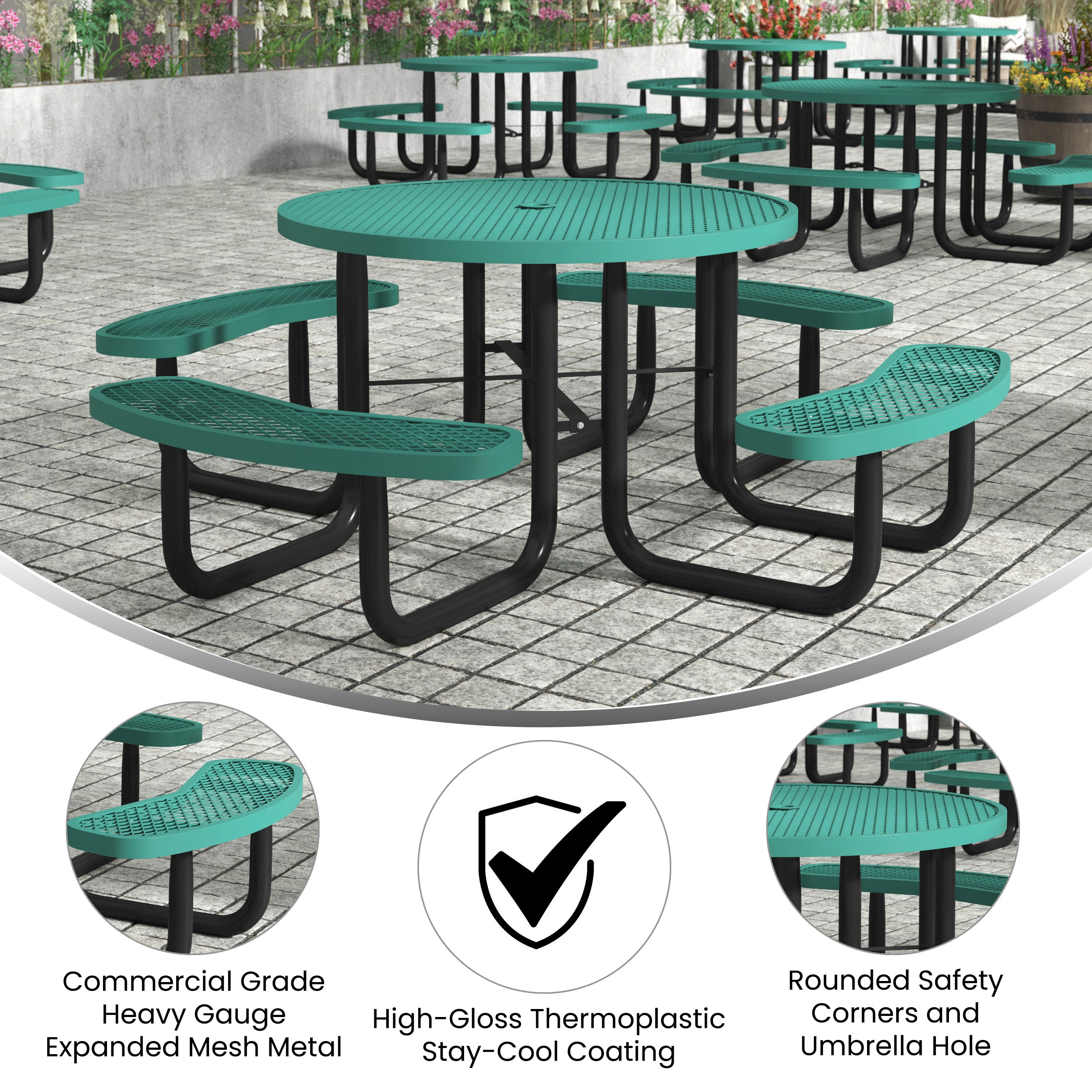 Creekside 46" Round Outdoor Picnic Table with Commercial Grade Heavy Gauge Green Expanded Metal Mesh Top and Seats and Black Steel Frame with Anchors
