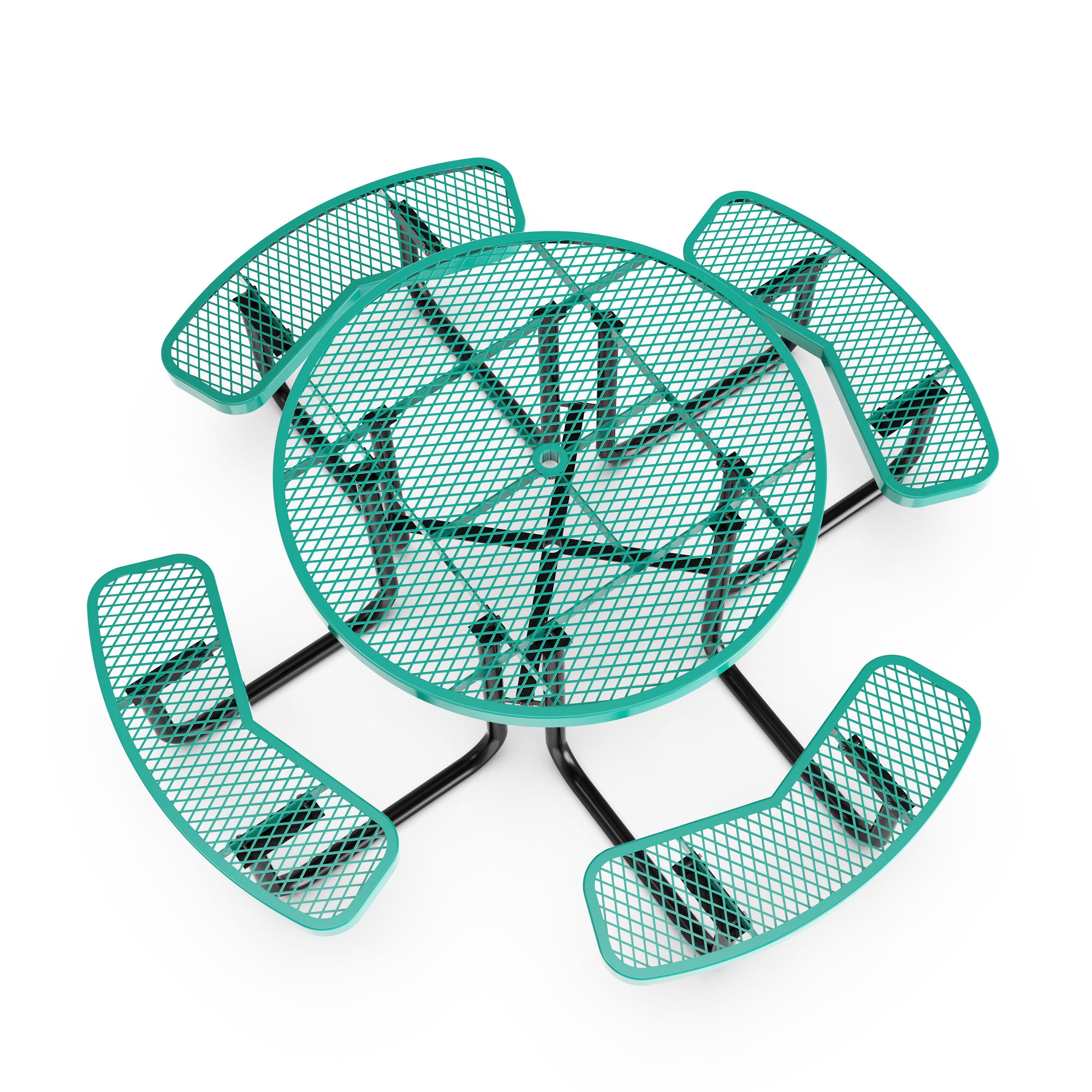 Creekside 46" Round Outdoor Picnic Table with Commercial Grade Heavy Gauge Green Expanded Metal Mesh Top and Seats and Black Steel Frame with Anchors