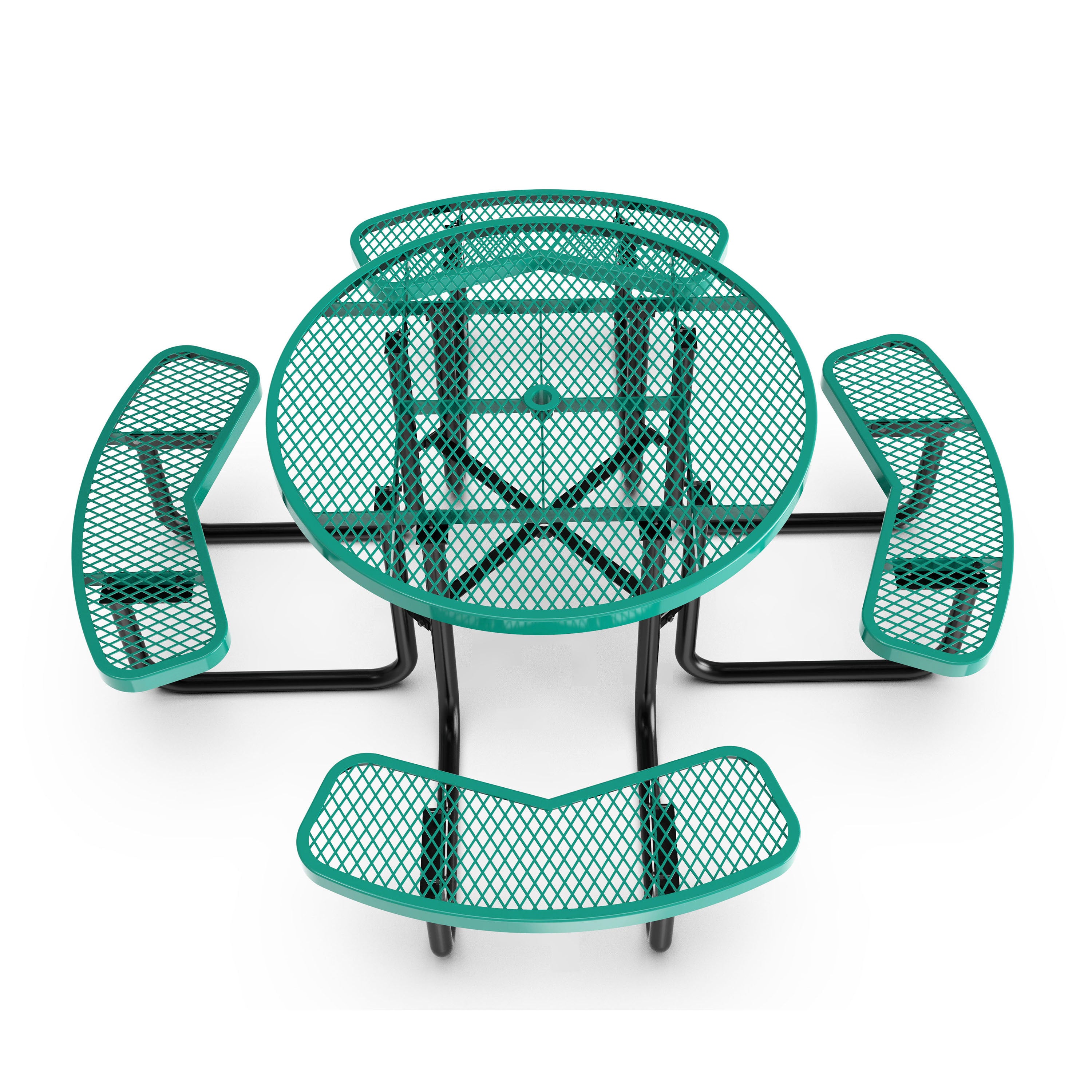 Creekside 46" Round Outdoor Picnic Table with Commercial Grade Heavy Gauge Green Expanded Metal Mesh Top and Seats and Black Steel Frame with Anchors