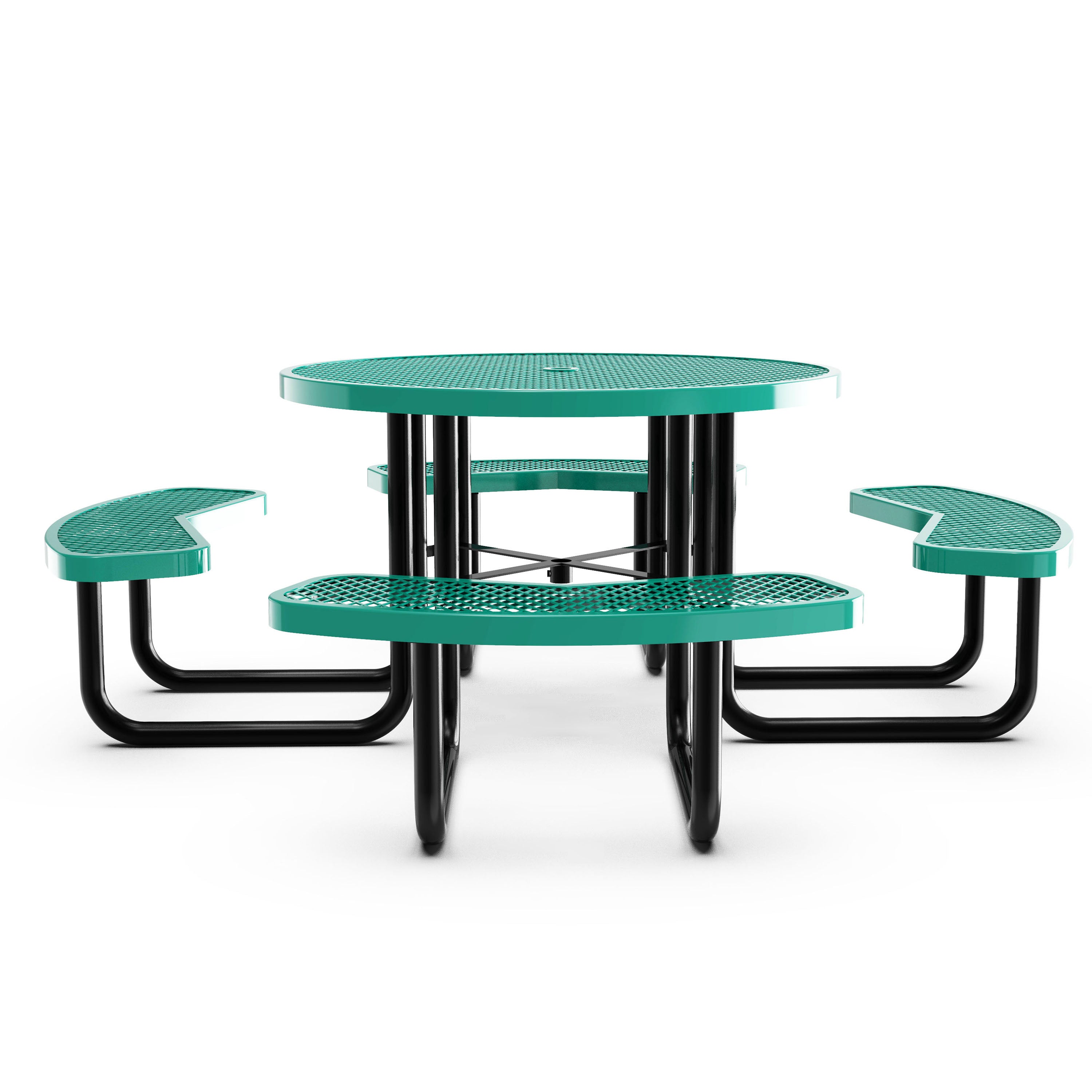 Creekside 46" Round Outdoor Picnic Table with Commercial Grade Heavy Gauge Green Expanded Metal Mesh Top and Seats and Black Steel Frame with Anchors