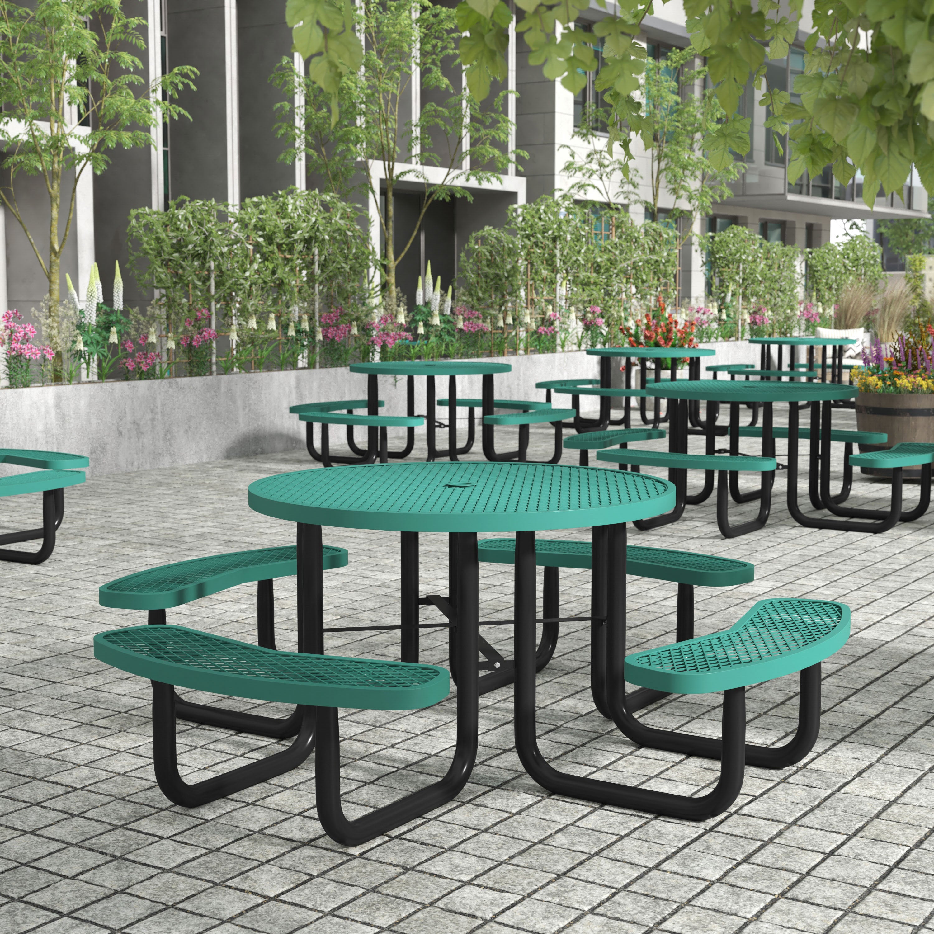 Creekside 46" Round Outdoor Picnic Table with Commercial Grade Heavy Gauge Green Expanded Metal Mesh Top and Seats and Black Steel Frame with Anchors