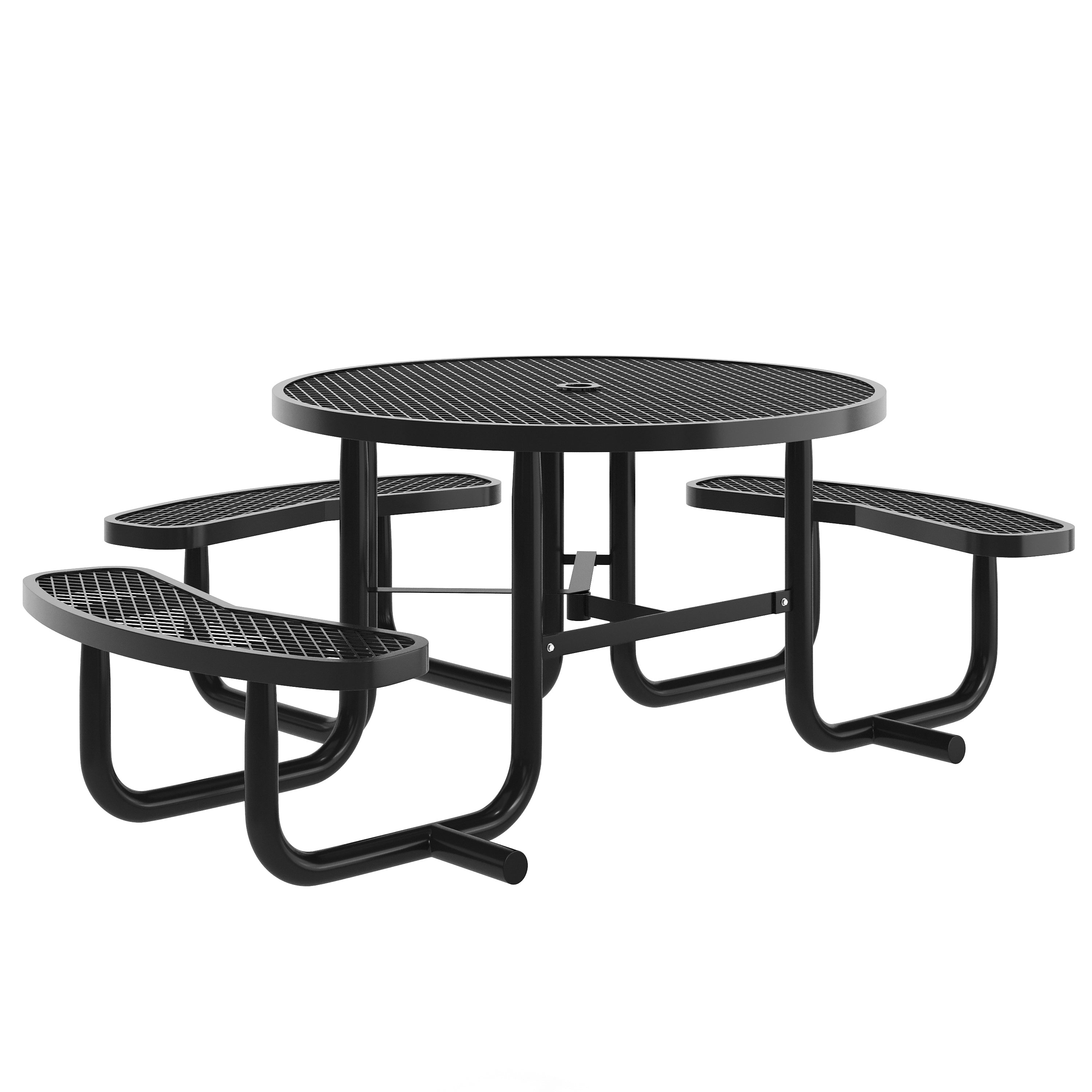 Creekside 46" Round Wheelchair Accessible Outdoor Picnic Table with Expanded Metal Mesh Seats and Top with Umbrella Hole and Ground Anchors, Black