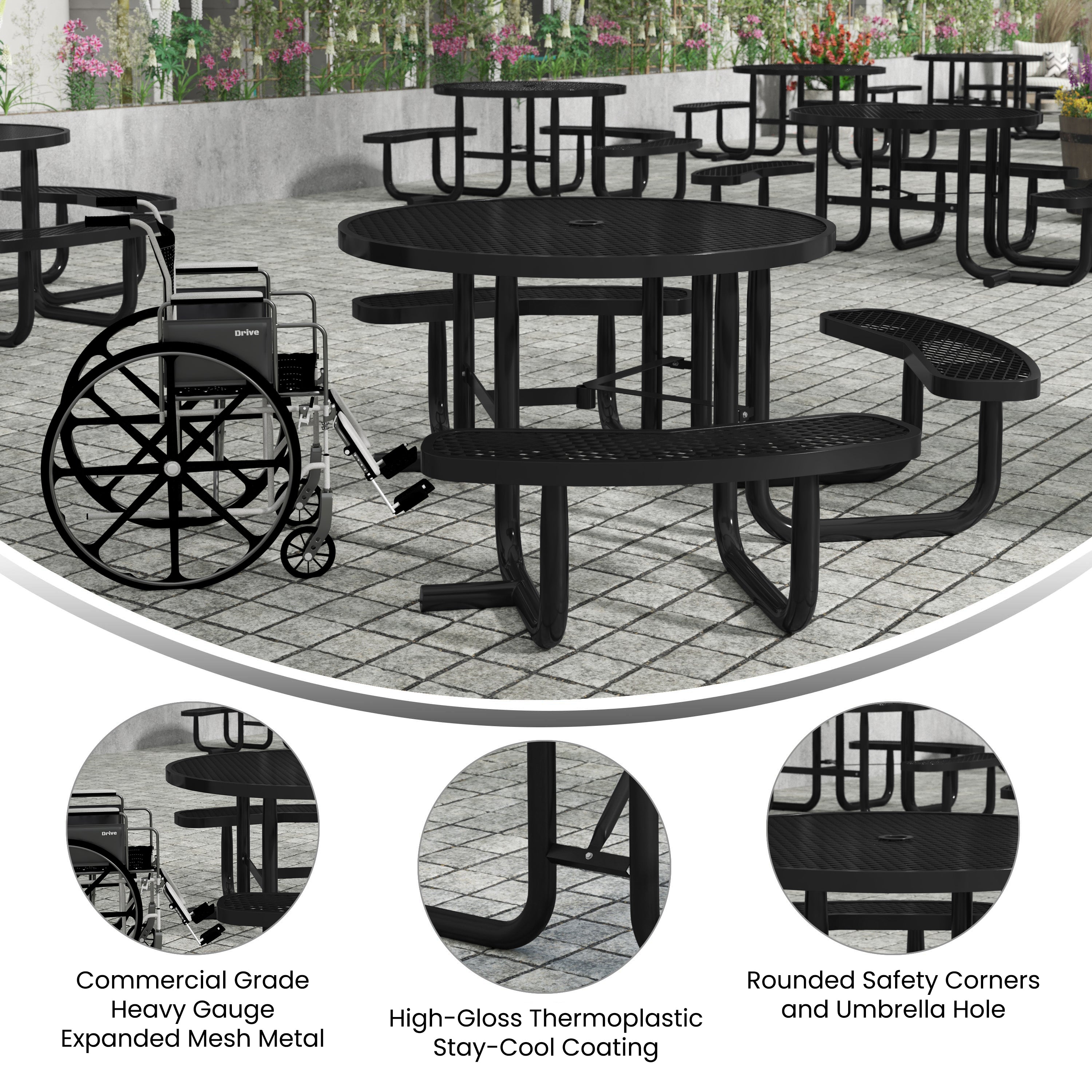Creekside 46" Round Wheelchair Accessible Outdoor Picnic Table with Expanded Metal Mesh Seats and Top with Umbrella Hole and Ground Anchors, Black