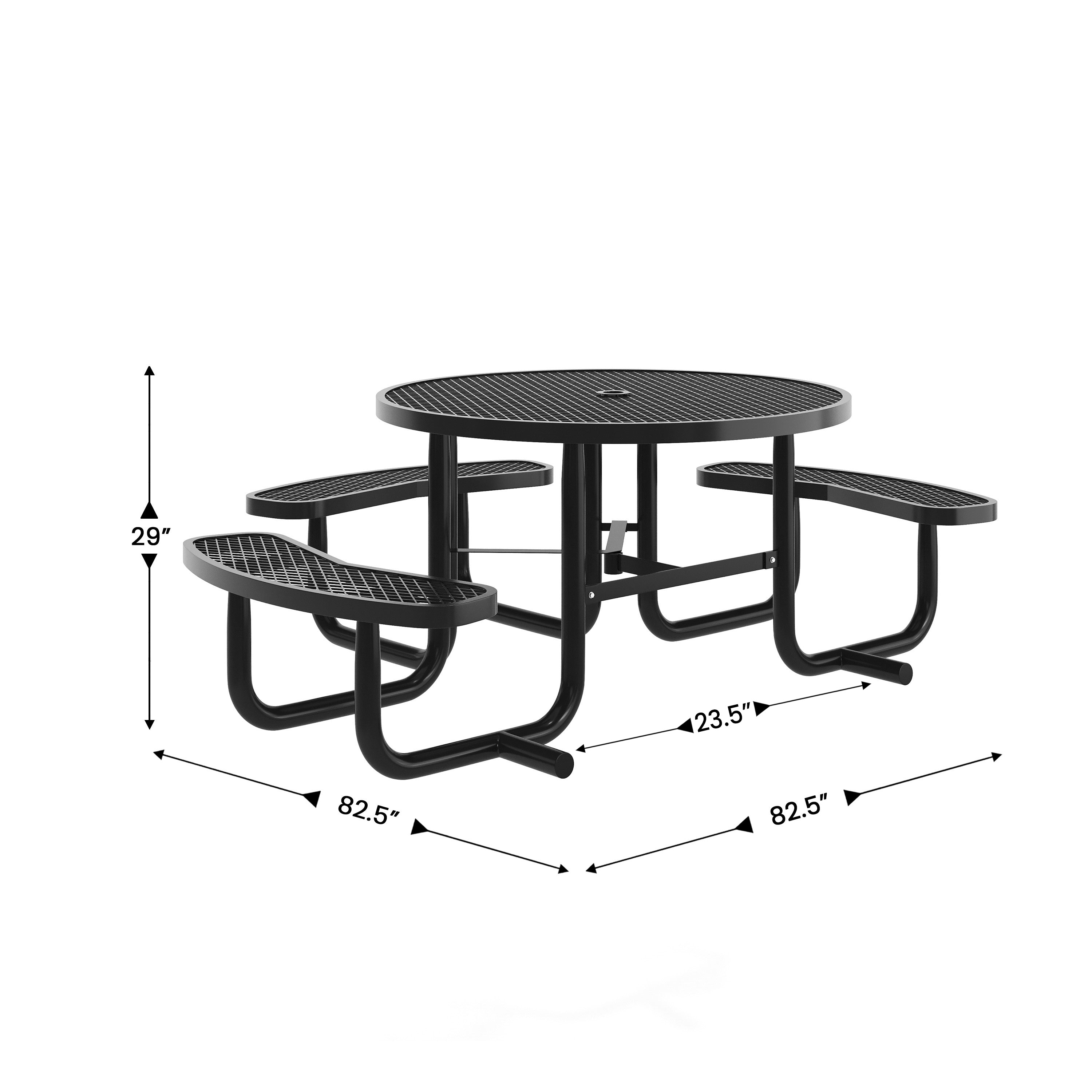 Creekside 46" Round Wheelchair Accessible Outdoor Picnic Table with Expanded Metal Mesh Seats and Top with Umbrella Hole and Ground Anchors, Black