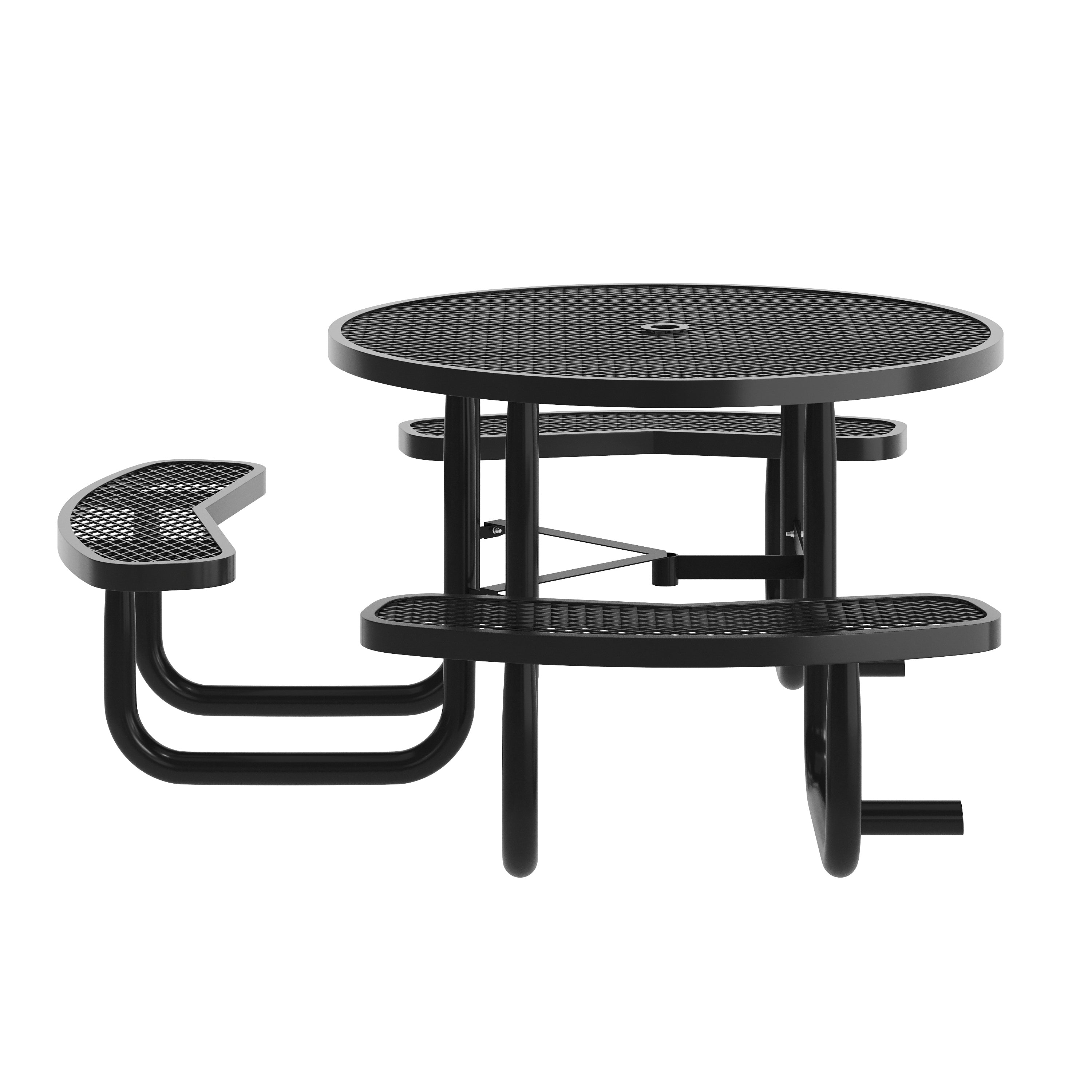 Creekside 46" Round Wheelchair Accessible Outdoor Picnic Table with Expanded Metal Mesh Seats and Top with Umbrella Hole and Ground Anchors, Black