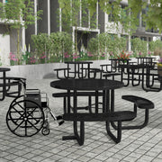 Creekside 46" Round Wheelchair Accessible Outdoor Picnic Table with Expanded Metal Mesh Seats and Top with Umbrella Hole and Ground Anchors, Black