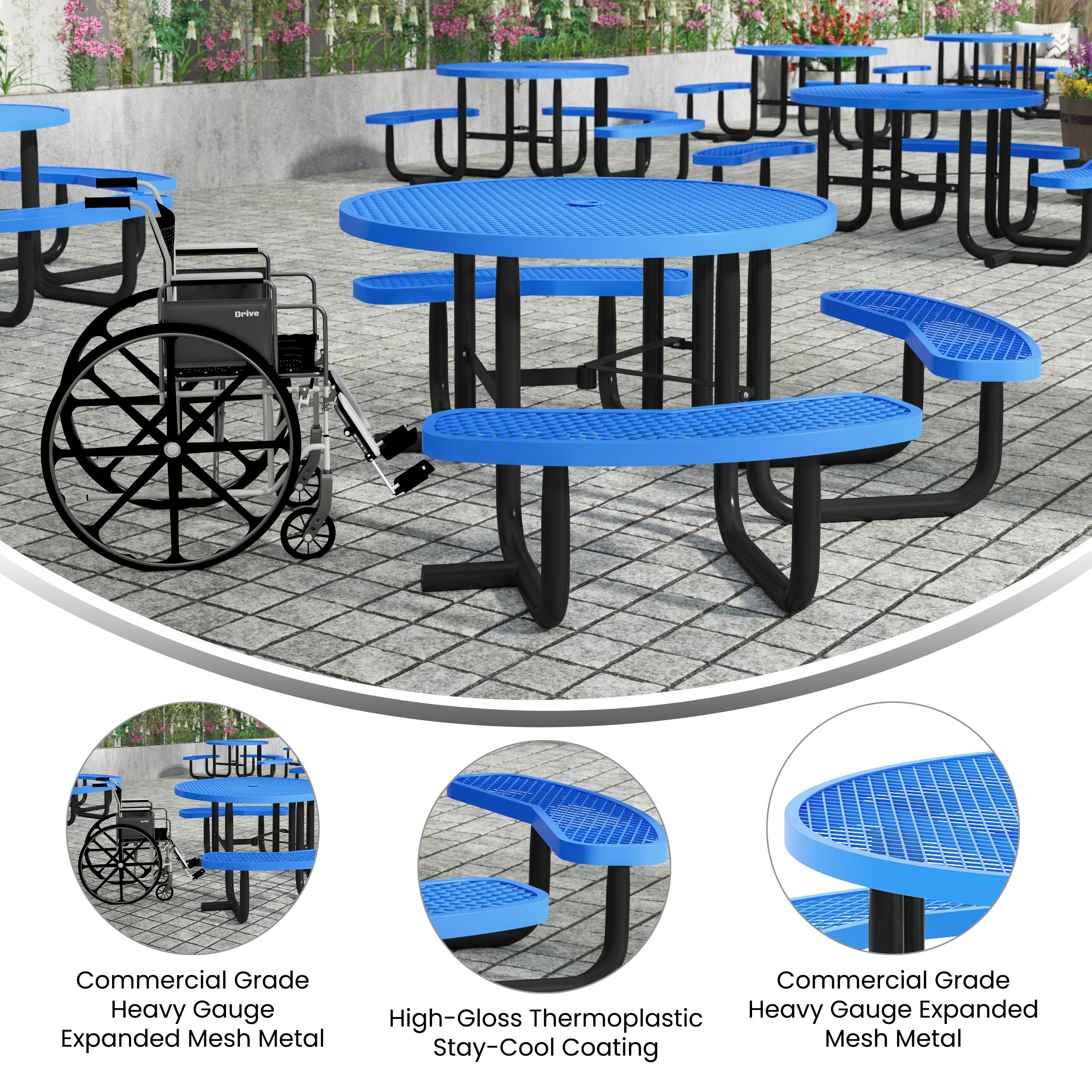 Creekside 46" Round Wheelchair Accessible Outdoor Picnic Table with Expanded Metal Mesh Seats and Top with Umbrella Hole and Ground Anchors, Blue