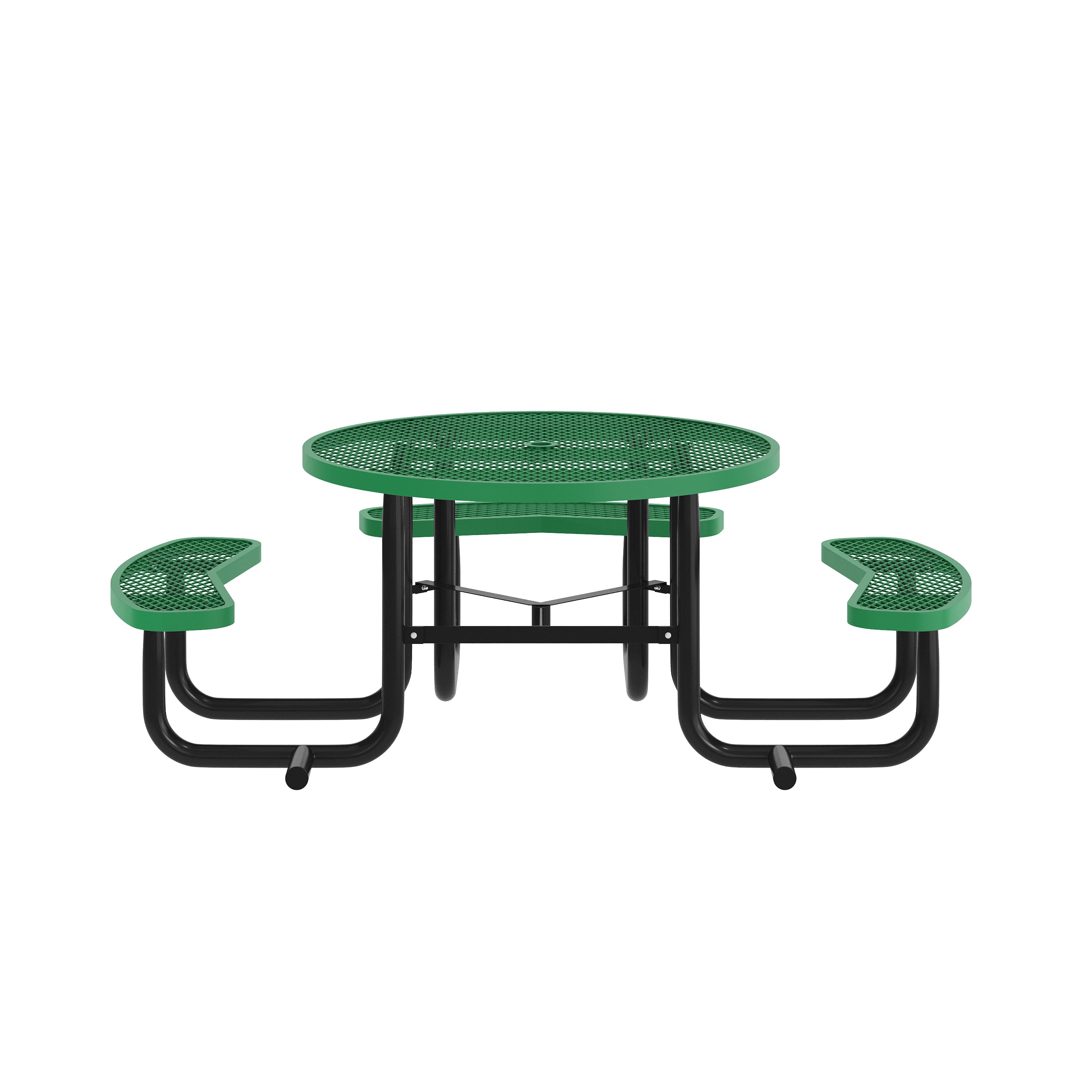 Creekside 46" Round Wheelchair Accessible Outdoor Picnic Table with Expanded Metal Mesh Seats and Top with Umbrella Hole and Ground Anchors, Green