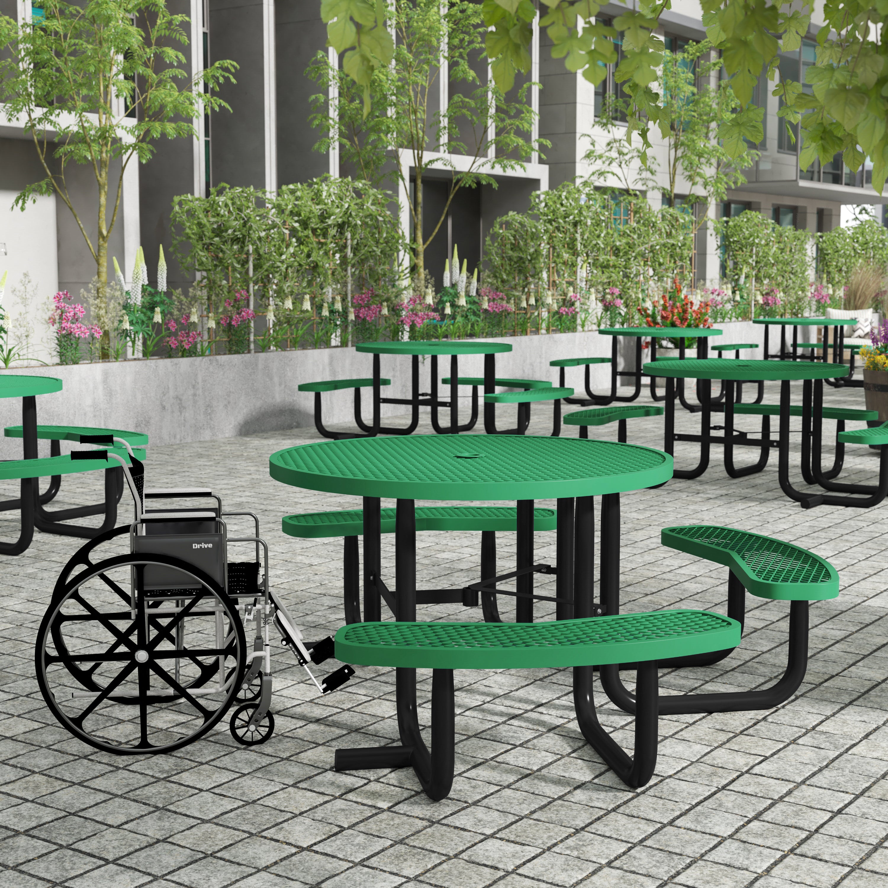 Creekside 46" Round Wheelchair Accessible Outdoor Picnic Table with Expanded Metal Mesh Seats and Top with Umbrella Hole and Ground Anchors, Green