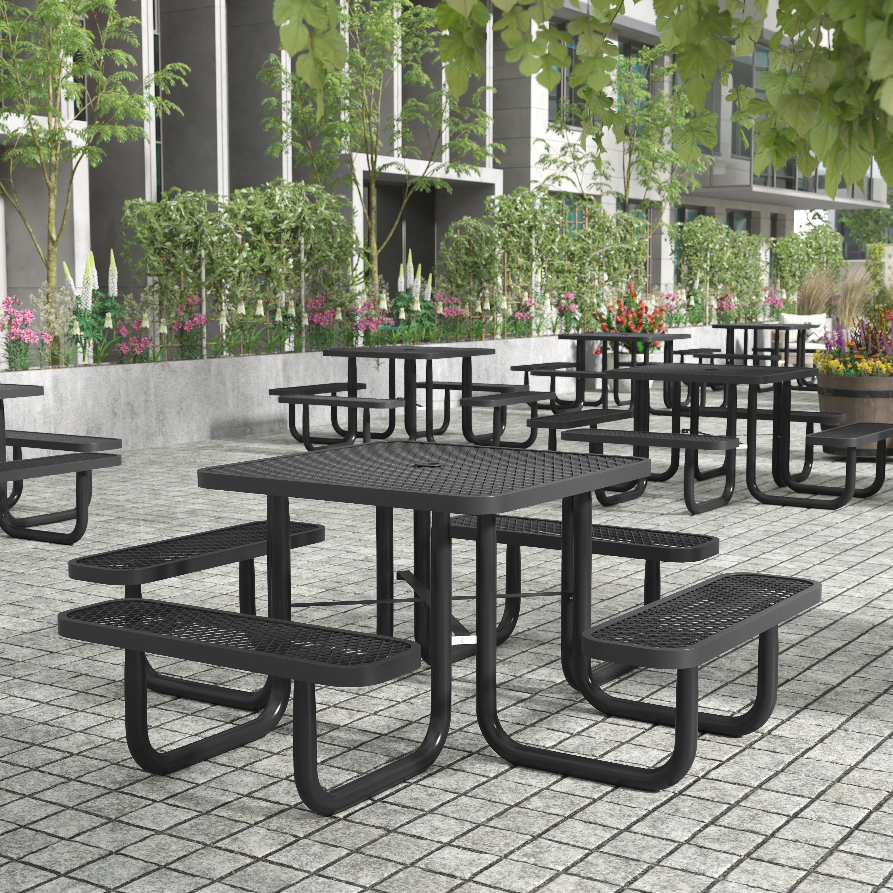 Creekside 46" Square Outdoor Picnic Table with Commercial Grade Heavy Gauge Expanded Metal Mesh Top and Seats and Steel Frame in Black