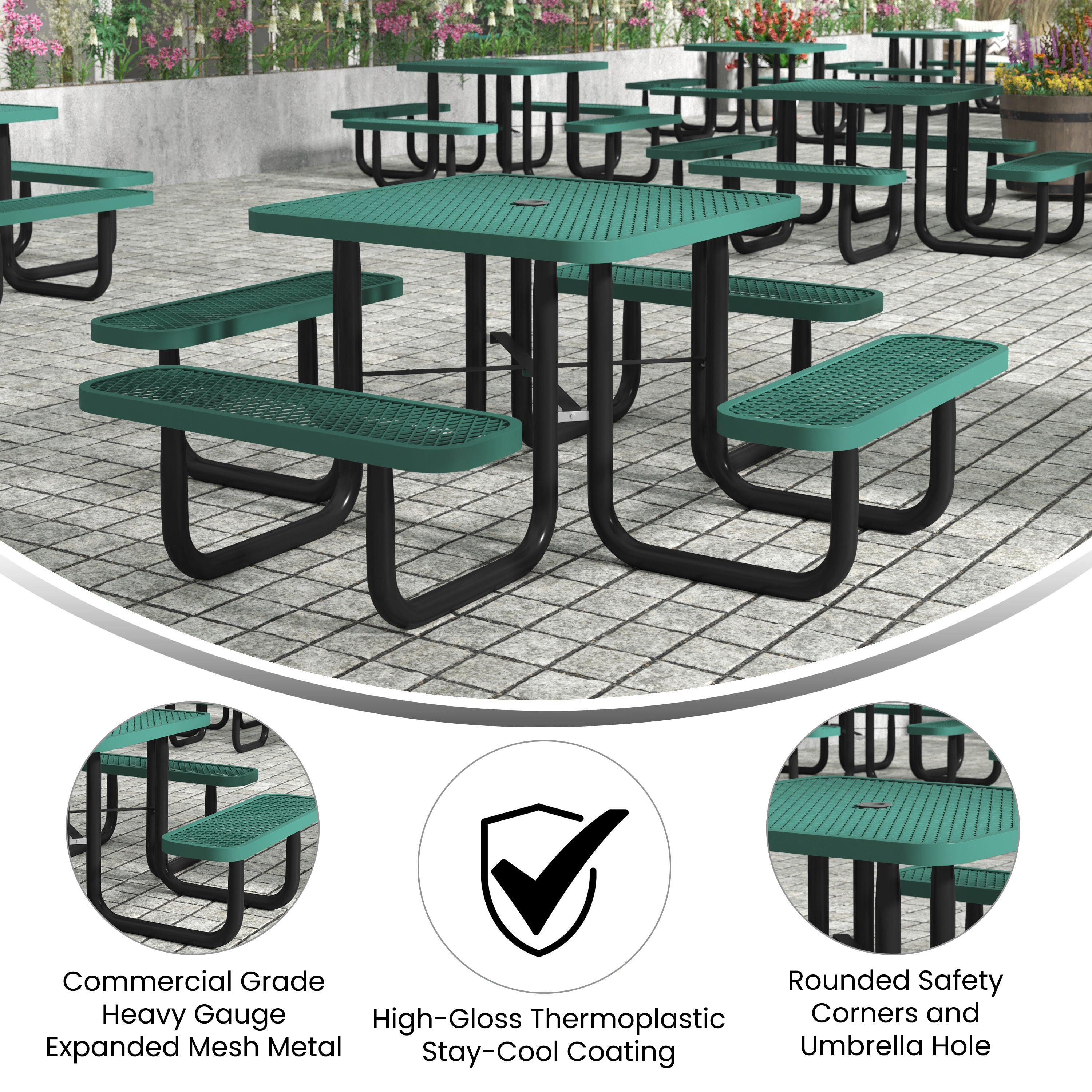 Creekside 46" Square Outdoor Picnic Table with Commercial Grade Heavy Gauge Green Expanded Metal Mesh Top and Seats and Black Steel Frame