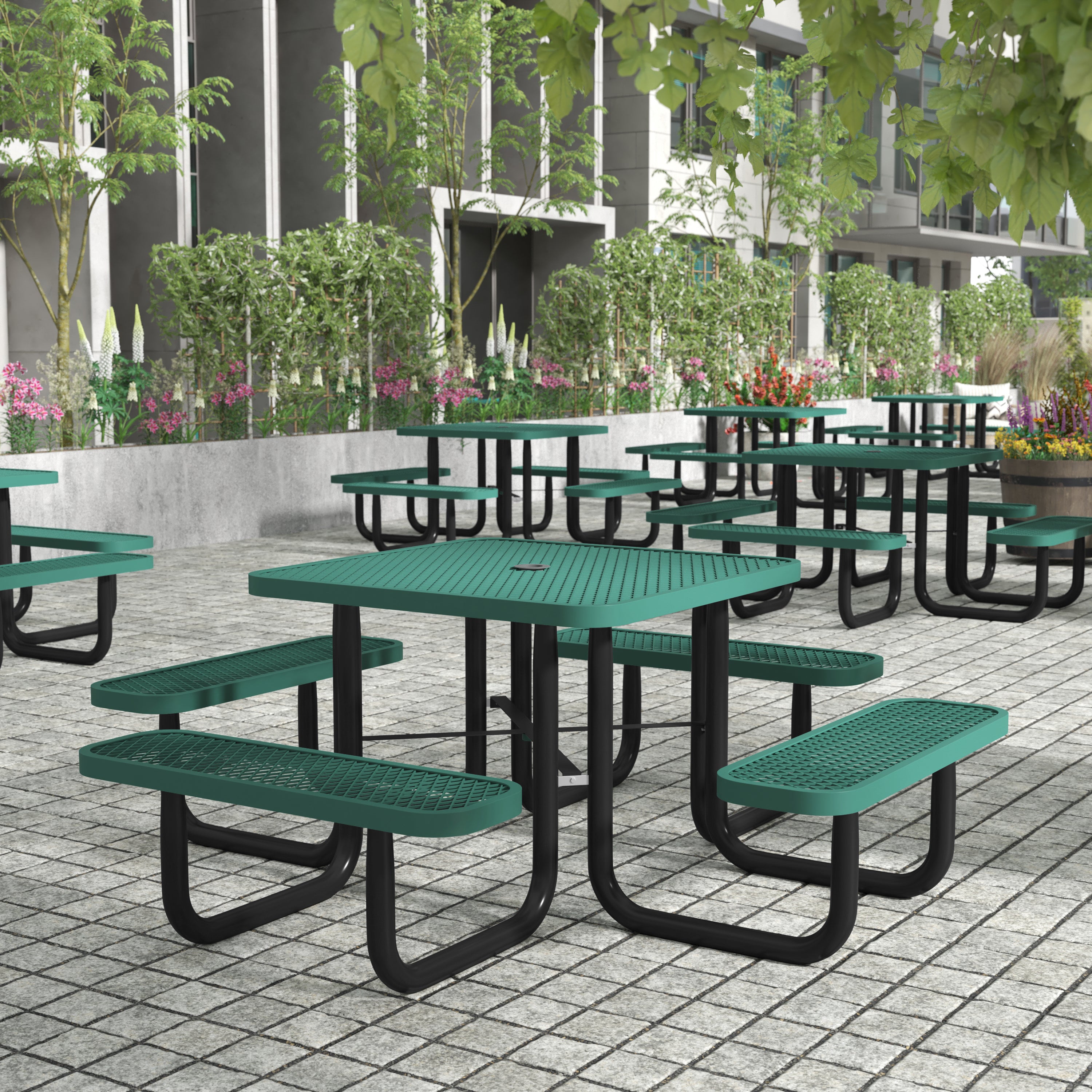 Creekside 46" Square Outdoor Picnic Table with Commercial Grade Heavy Gauge Green Expanded Metal Mesh Top and Seats and Black Steel Frame