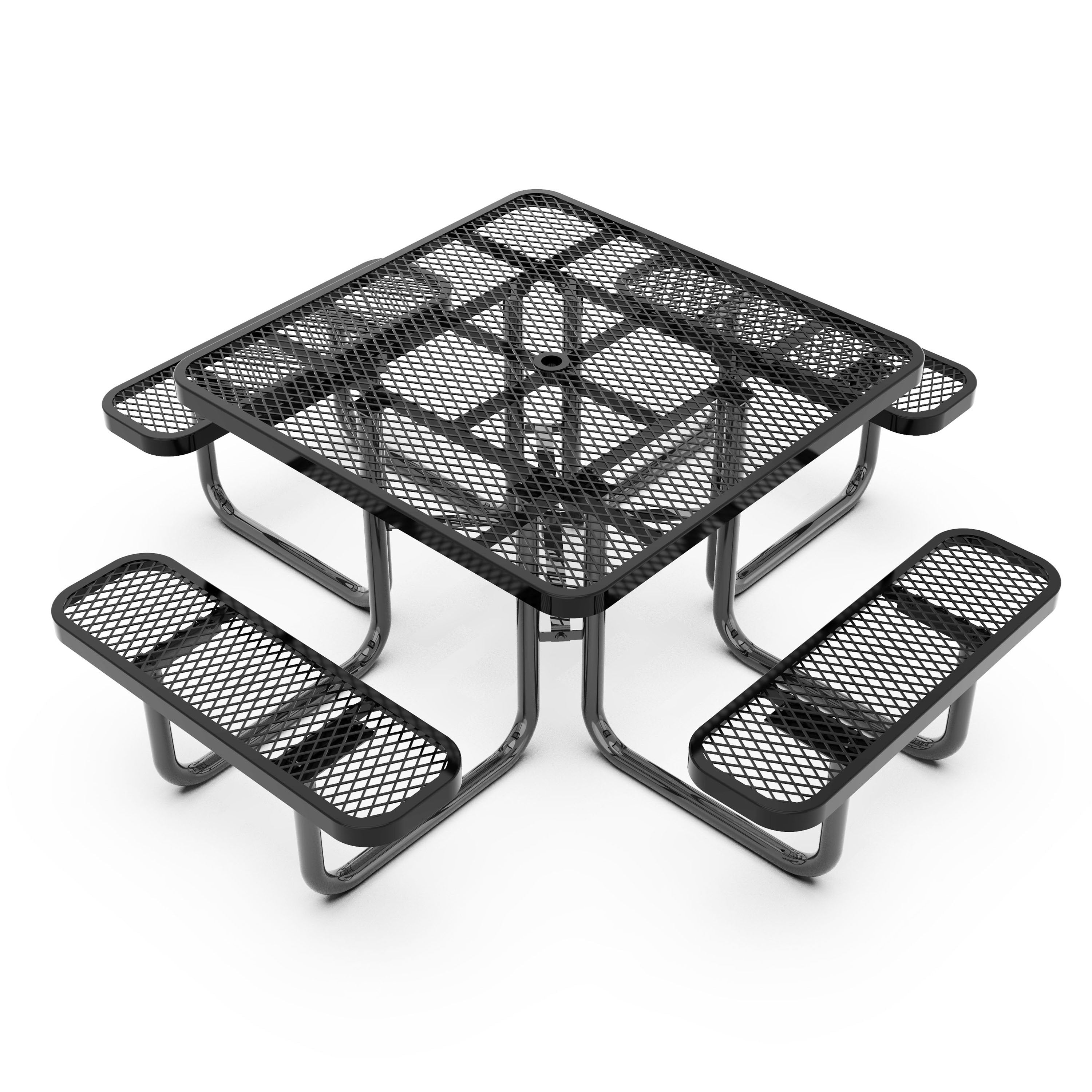Creekside 46" Square Outdoor Picnic Table with Commercial Grade Heavy Gauge Expanded Metal Mesh Top and Seats and Steel Frame in Black with Anchors