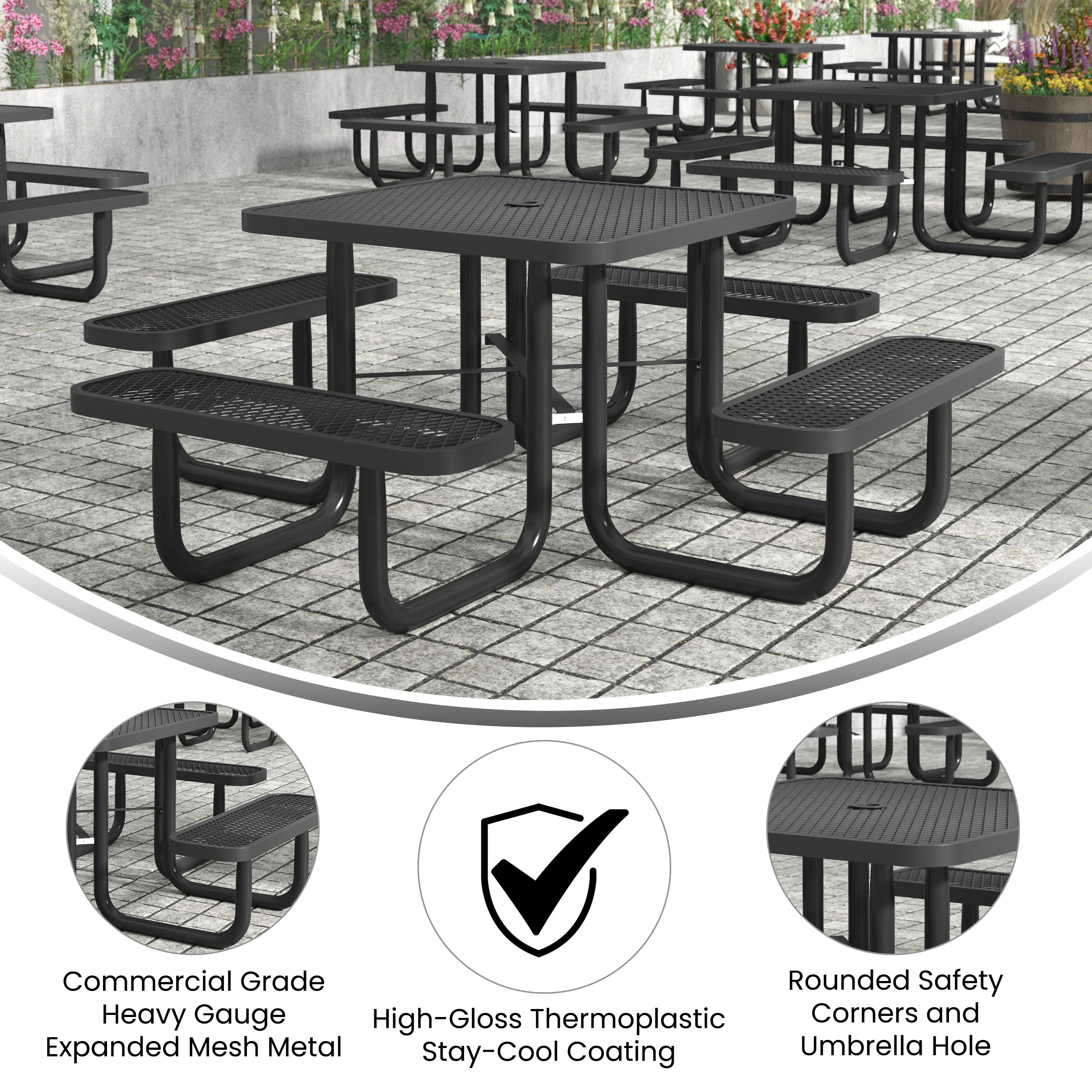 Creekside 46" Square Outdoor Picnic Table with Commercial Grade Heavy Gauge Expanded Metal Mesh Top and Seats and Steel Frame in Black with Anchors