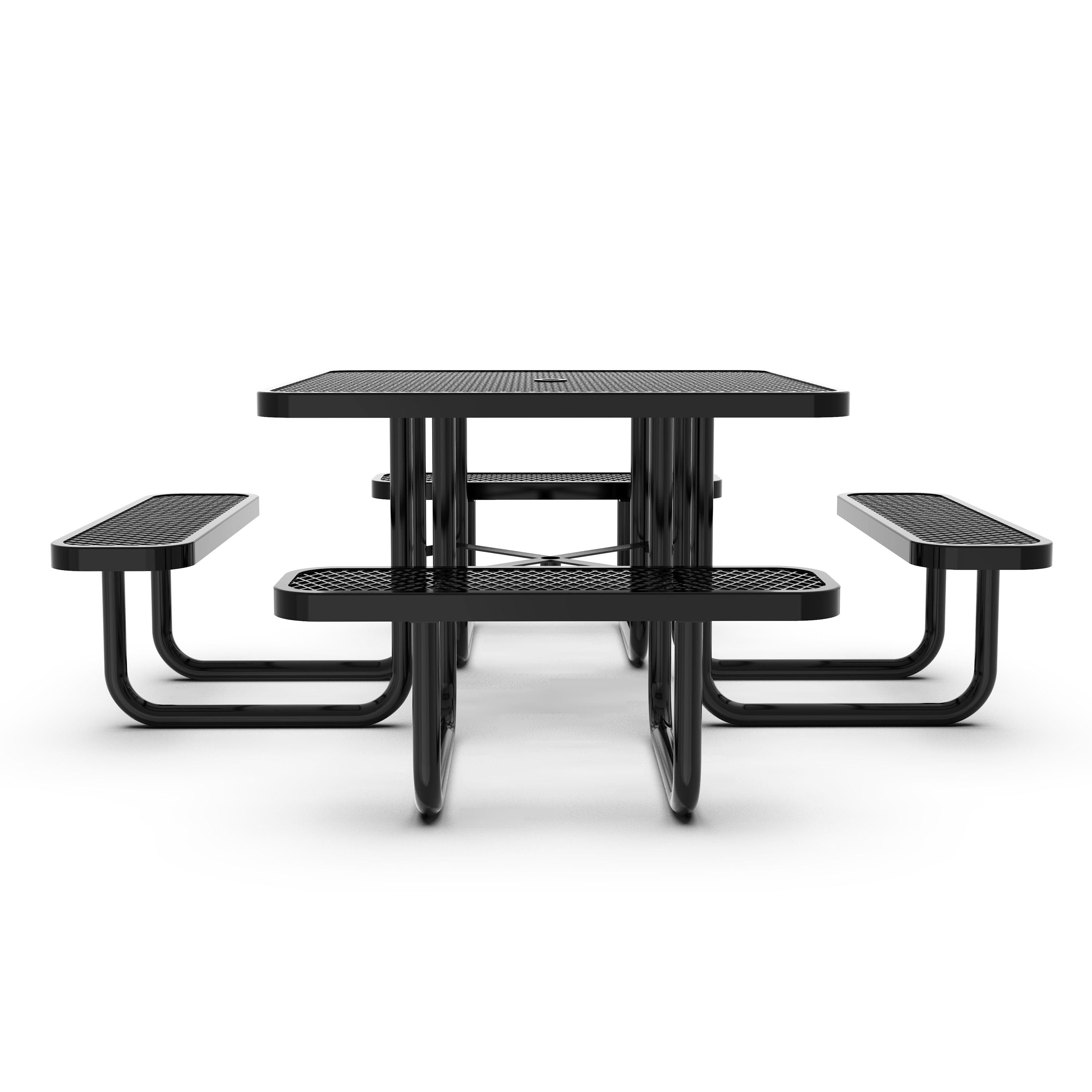 Creekside 46" Square Outdoor Picnic Table with Commercial Grade Heavy Gauge Expanded Metal Mesh Top and Seats and Steel Frame in Black with Anchors