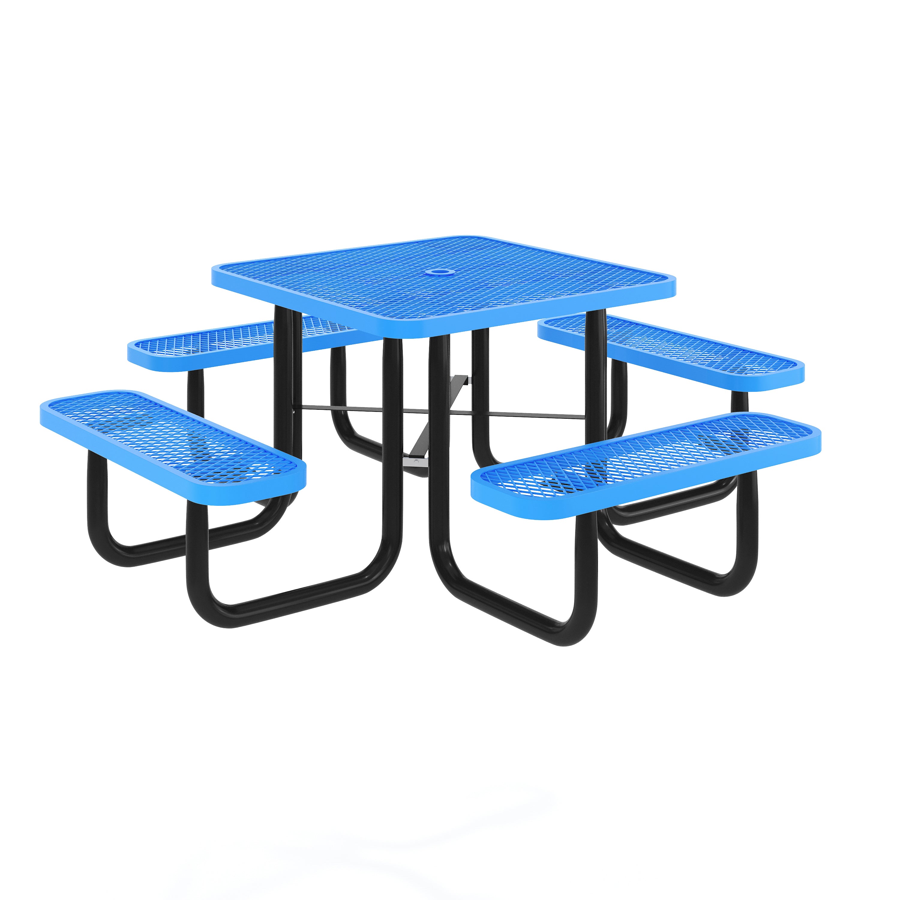 Creekside 46" Square Outdoor Picnic Table with Commercial Heavy Gauge Expanded Metal Mesh Seats and Top with Umbrella Hole and Ground Anchors, Blue