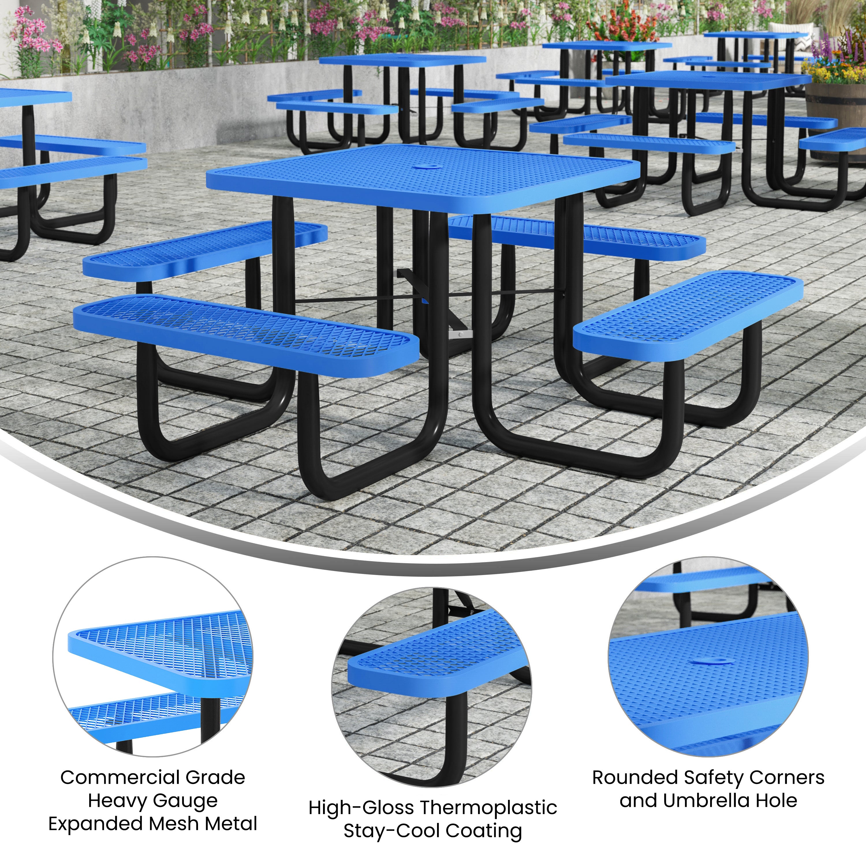 Creekside 46" Square Outdoor Picnic Table with Commercial Heavy Gauge Expanded Metal Mesh Seats and Top with Umbrella Hole and Ground Anchors, Blue