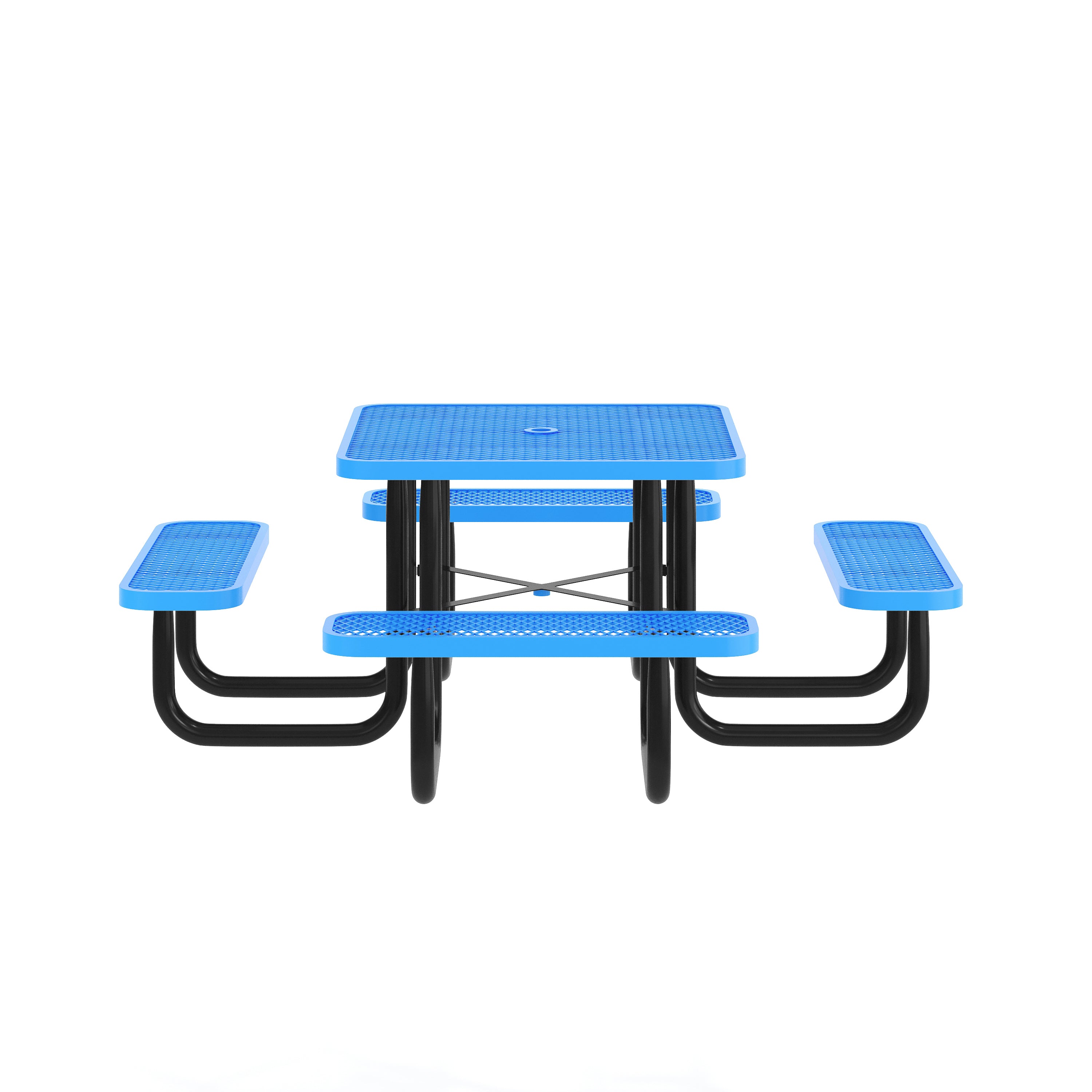 Creekside 46" Square Outdoor Picnic Table with Commercial Heavy Gauge Expanded Metal Mesh Seats and Top with Umbrella Hole and Ground Anchors, Blue