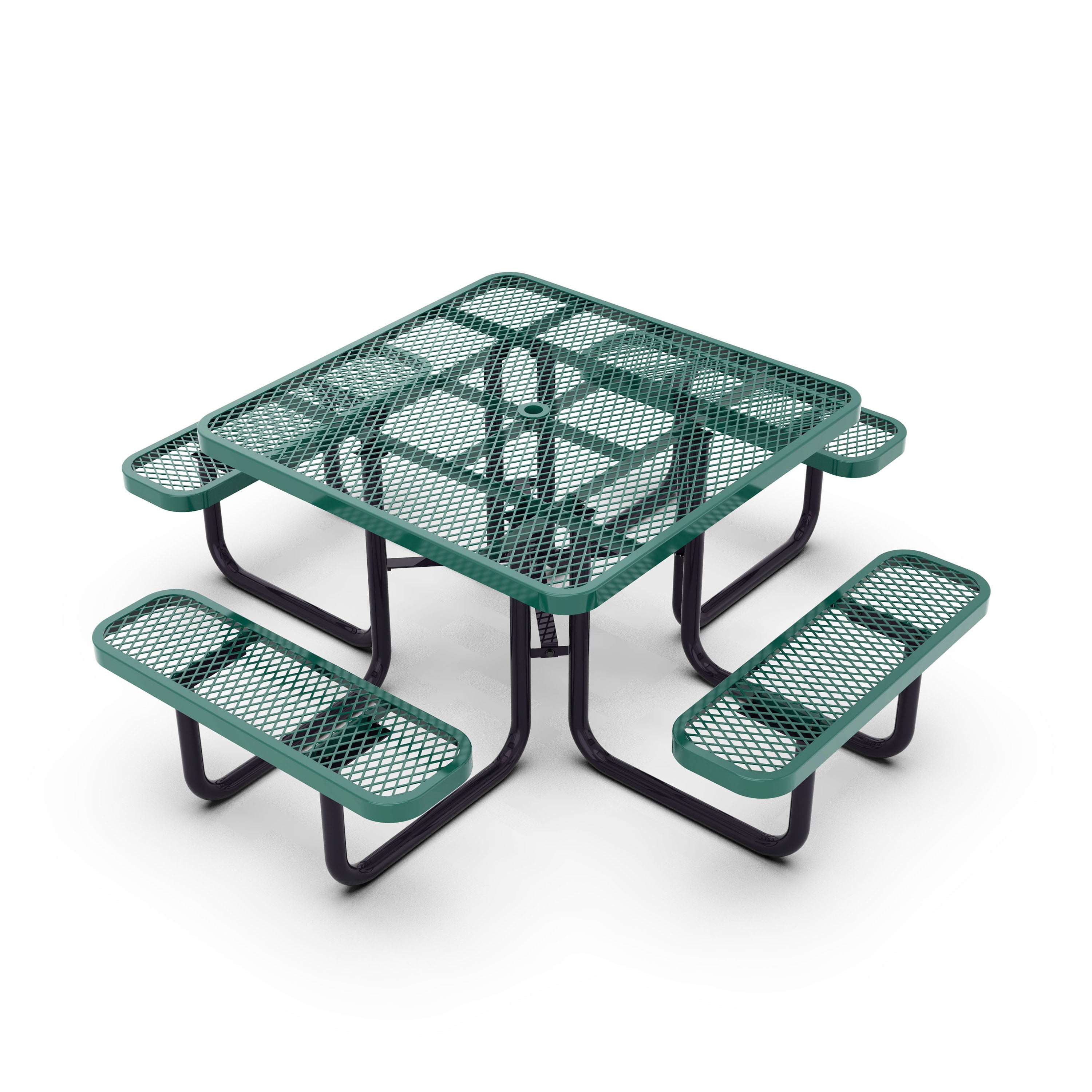 Creekside 46" Square Outdoor Picnic Table with Commercial Grade Heavy Gauge Green Expanded Metal Mesh Top and Seats and Black Steel Frame with Anchors