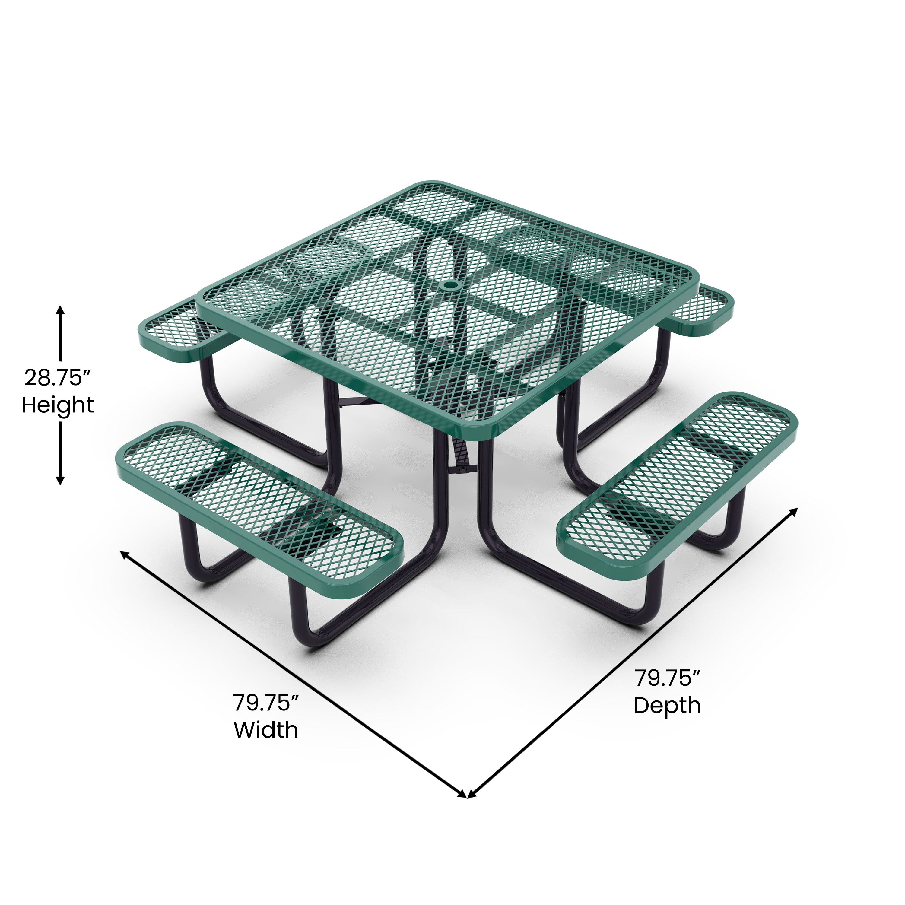 Creekside 46" Square Outdoor Picnic Table with Commercial Grade Heavy Gauge Green Expanded Metal Mesh Top and Seats and Black Steel Frame with Anchors