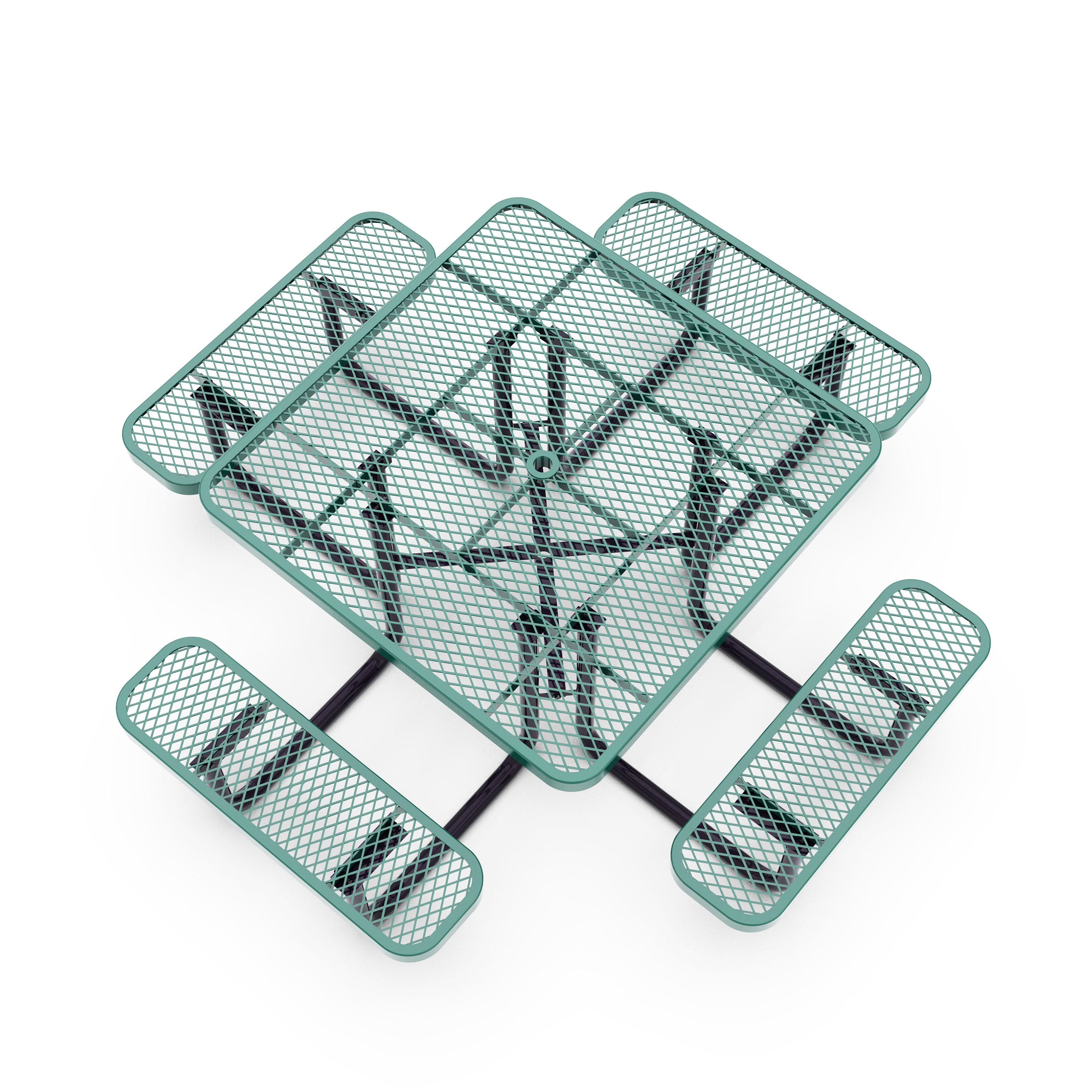 Creekside 46" Square Outdoor Picnic Table with Commercial Grade Heavy Gauge Green Expanded Metal Mesh Top and Seats and Black Steel Frame with Anchors