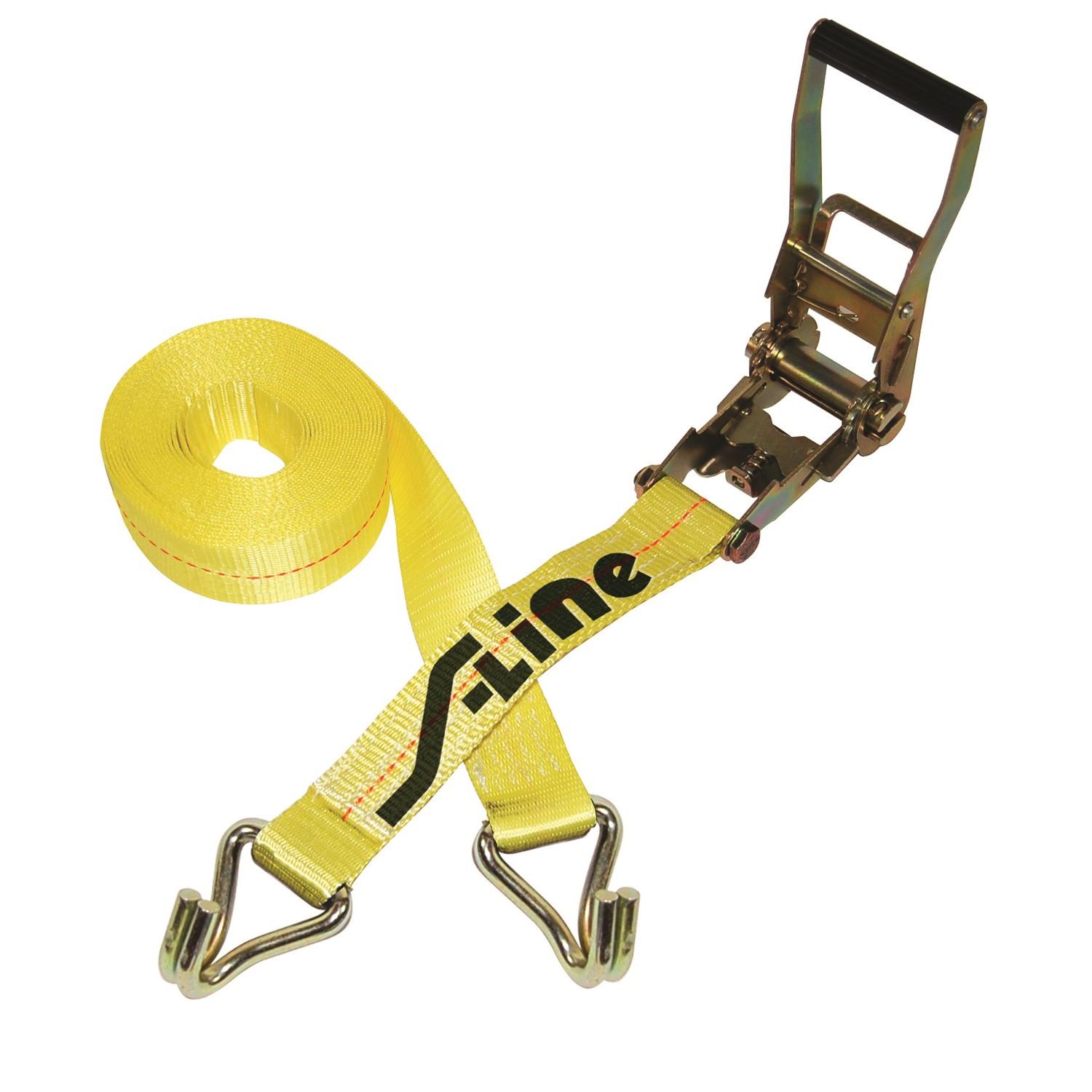 S-Line 557WHK Ratchet Strap Tie Down with Long Wide Handle and J-Hooks, Yellow Webbing, 2-Inch by 27-Foot, 3,333-Pounds Working Load Limit, priced and sold per each