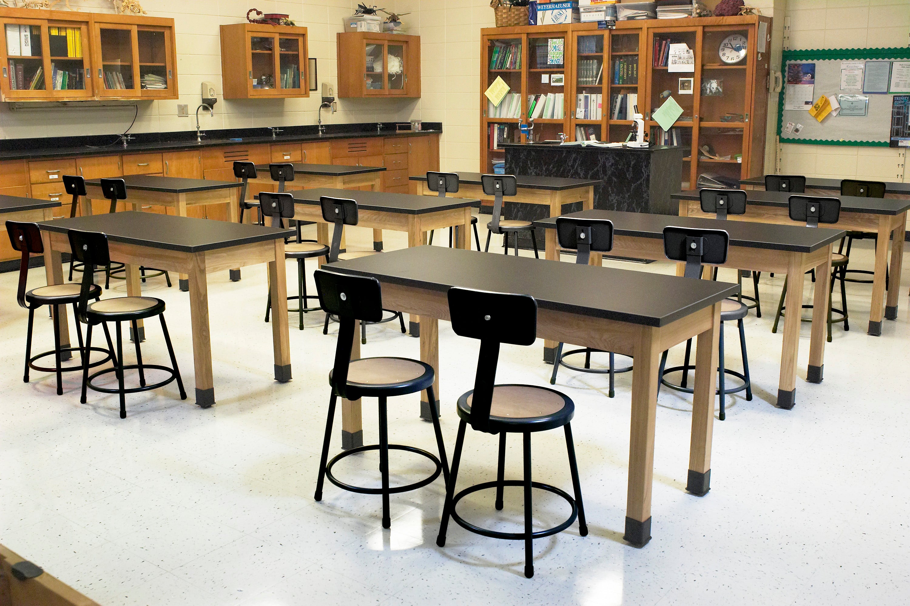 NPS® Wood Science Lab Table, 24"x48"x30", Chemical Resistant Top, Surface Color: Black, Frame Color: Ash (Optional Book Compartment and Castor Add-On)