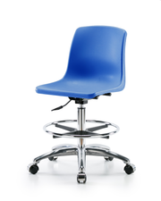 Polypropylene Shell Chair Chrome - Medium Bench Height with Chrome Foot Ring & Casters in Blue