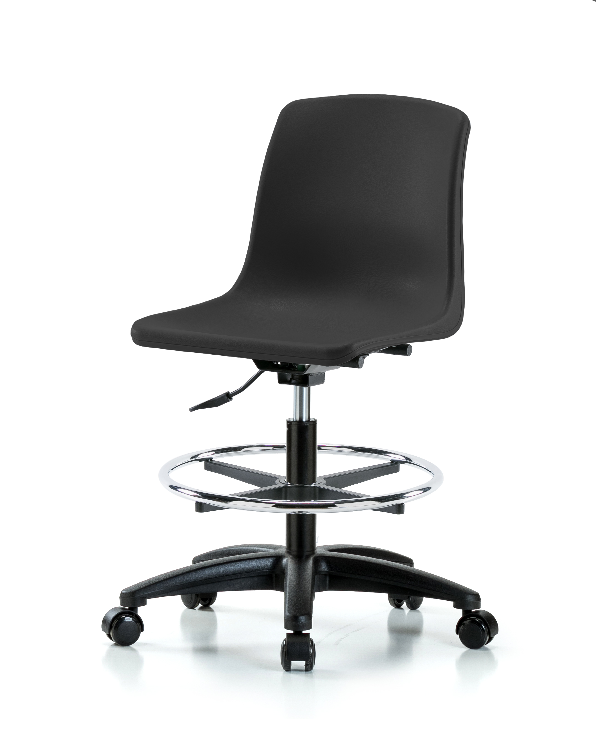 Polypropylene Shell Chair - Medium Bench Height with Chrome Foot Ring & Casters in Black