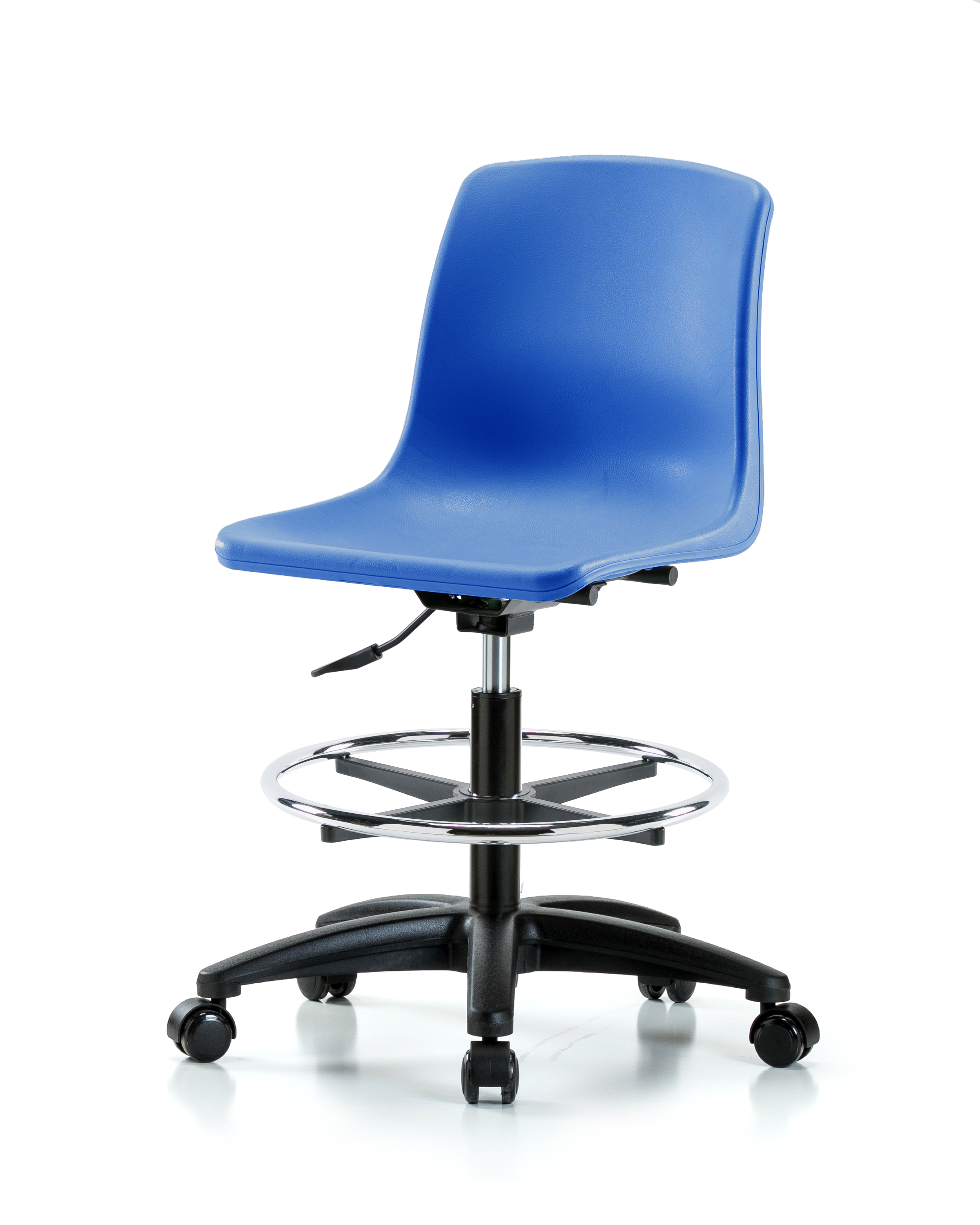 Polypropylene Shell Chair - Medium Bench Height with Chrome Foot Ring & Casters in Blue