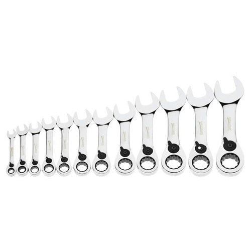 Williams Stubby Ratcheting Combo Wrench Set 12-Pcs, Metric, 12 Point, High Polish Chrome Finish, Sizes: 8mm, 9mm, 10mm, 11mm, 12mm, 13mm, 14mm. 15mm, 16mm, 17mm, 18mm, 19mm