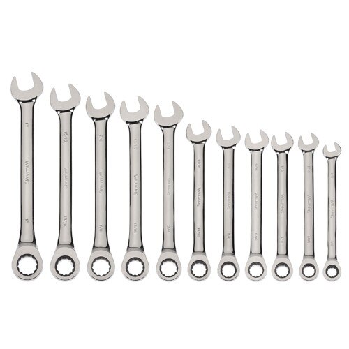 Williams Combination Ratcheting 11 Piece Wrench Set, Sizes: 3/8" to 1", High Polish Chrome Finish, SAE, 12 point, Includes Pouch