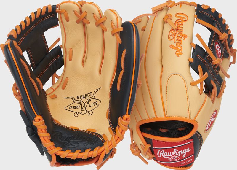 Rawlings Select Pro Lite Series Jackson Holiday Youth 11.25-Inch Baseball Glove - Right Hand Thrower - Camel/Black/Orange