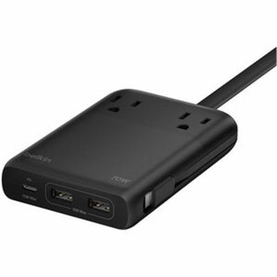 Belkin - 2-Outlet Charging Station, USB-a and USB-C Ports and Attached USB-C Cable, up to 70W Power Delivery - Black