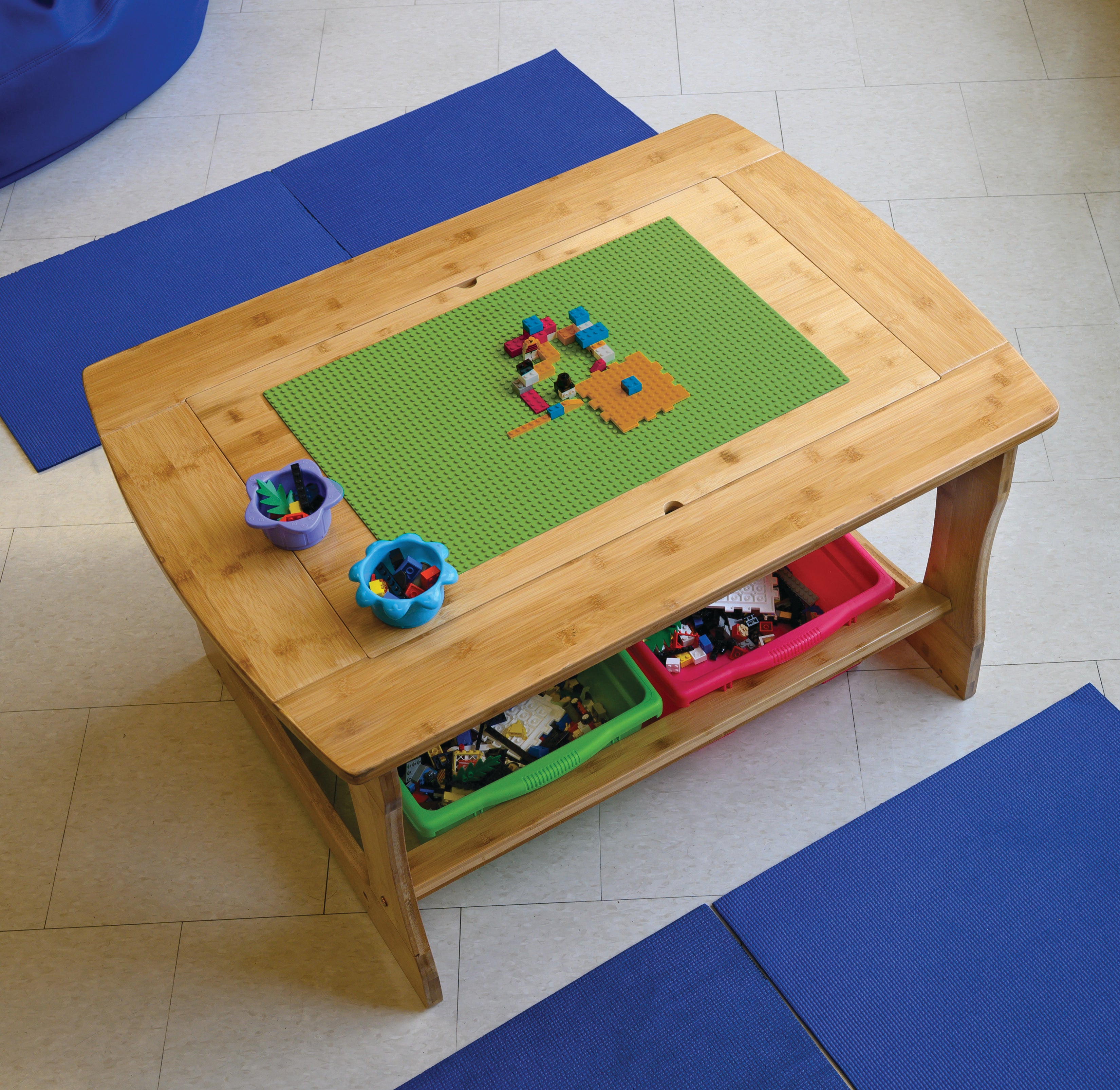 Bamboo Sensory and Construction Bricks Table with vibrant mixed tub combo