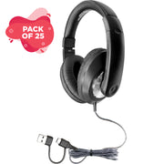 Smart-Trek™ Deluxe Stereo Headphone with USB-C Plug, USB-A Dongle and Black, Silver Accents - 25 pack