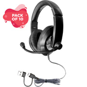 Smart-Trek™ Deluxe Stereo USB-C Headset with integrated USB-A Adapter Dongle, Black with Silver Accents - 10 Pack